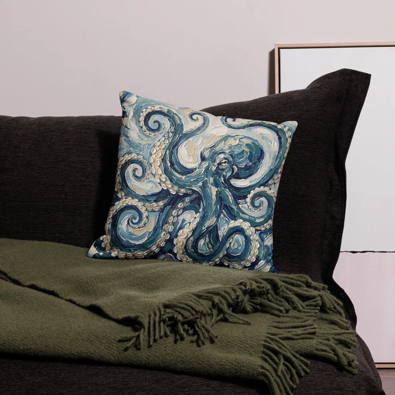 Impasto Octopus Throw Pillow: Blue Cream Under the Sea Decor Cushion, photo 8