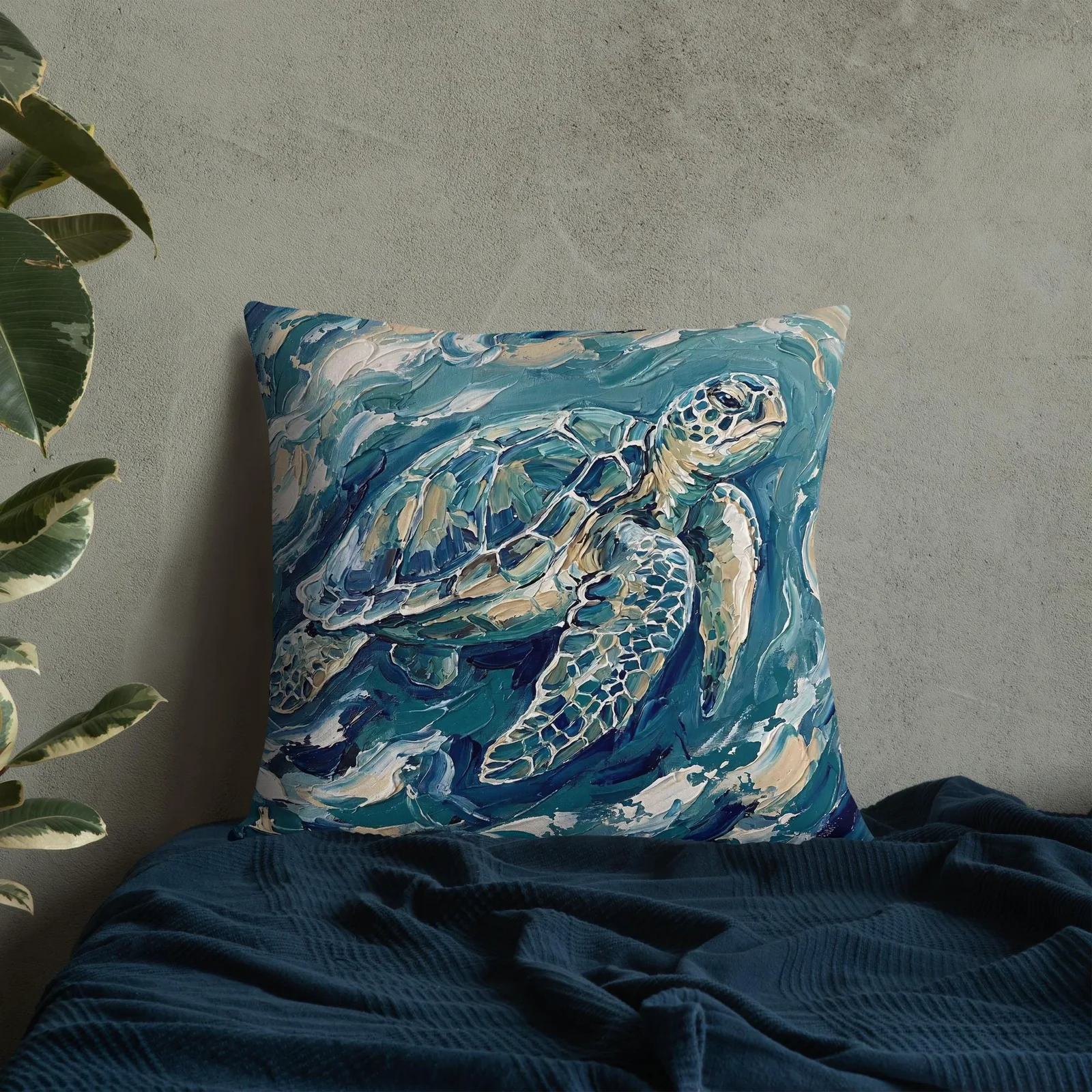 Impasto Sea Turtle Pillow: Nautical Blue Cream Cushion, photo 7