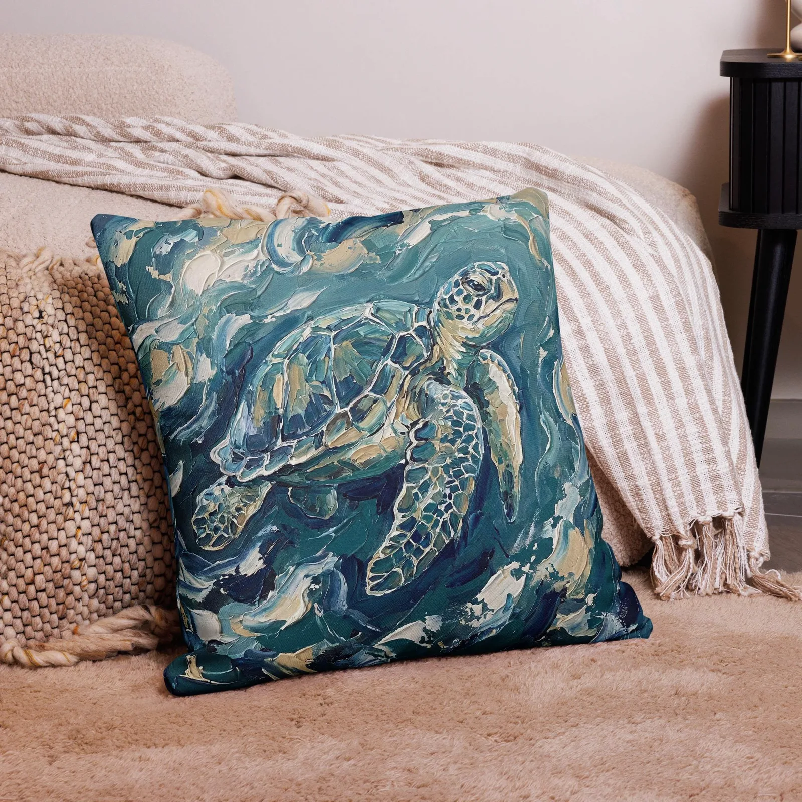 Impasto Sea Turtle Pillow: Nautical Blue Cream Cushion, photo 9