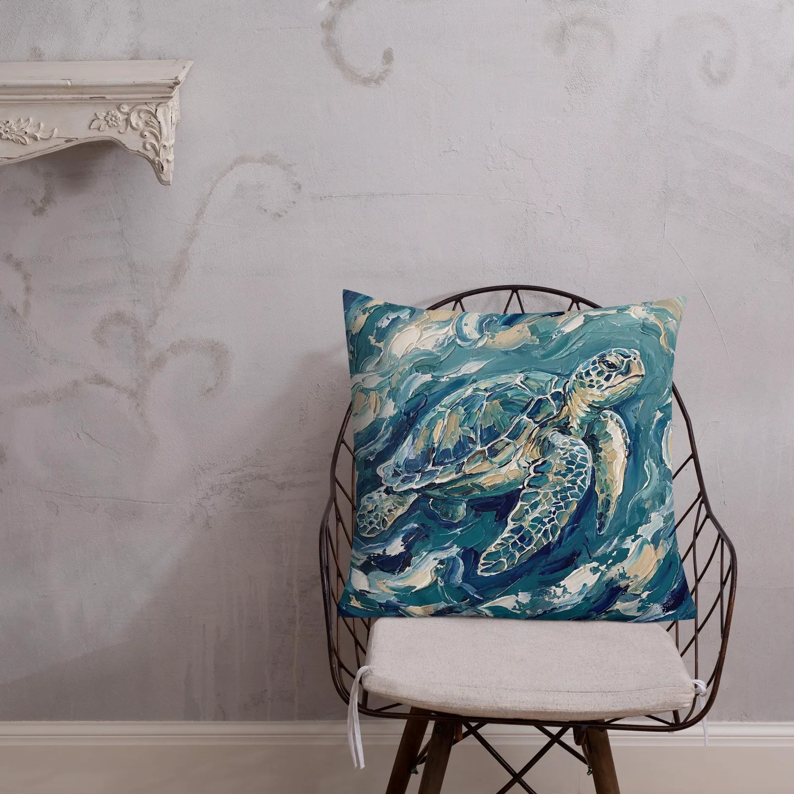 Impasto Sea Turtle Pillow: Nautical Blue Cream Cushion, photo 5
