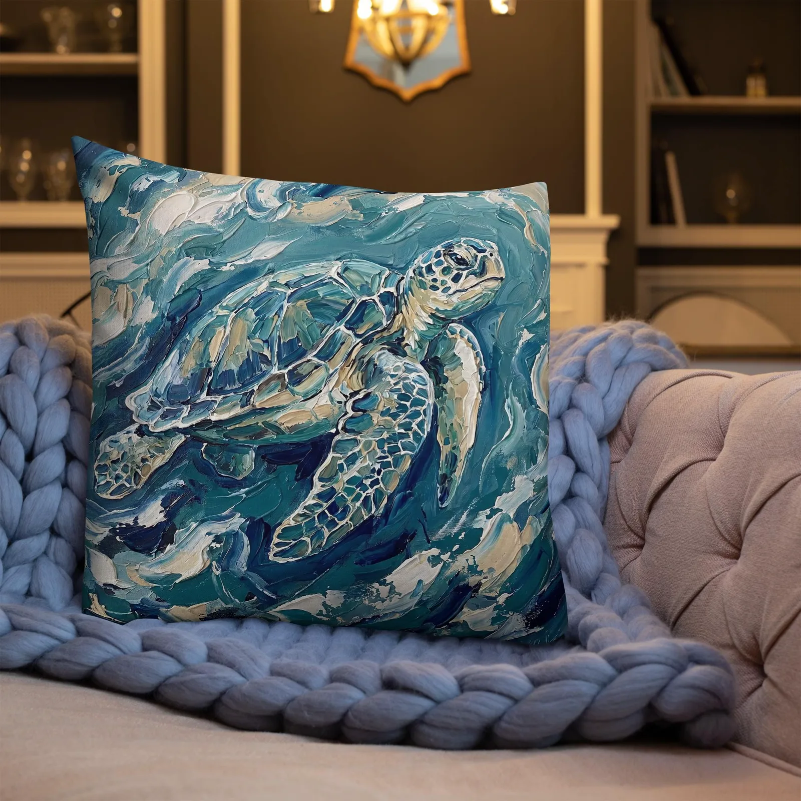 Impasto Sea Turtle Pillow: Nautical Blue Cream Cushion, photo 3