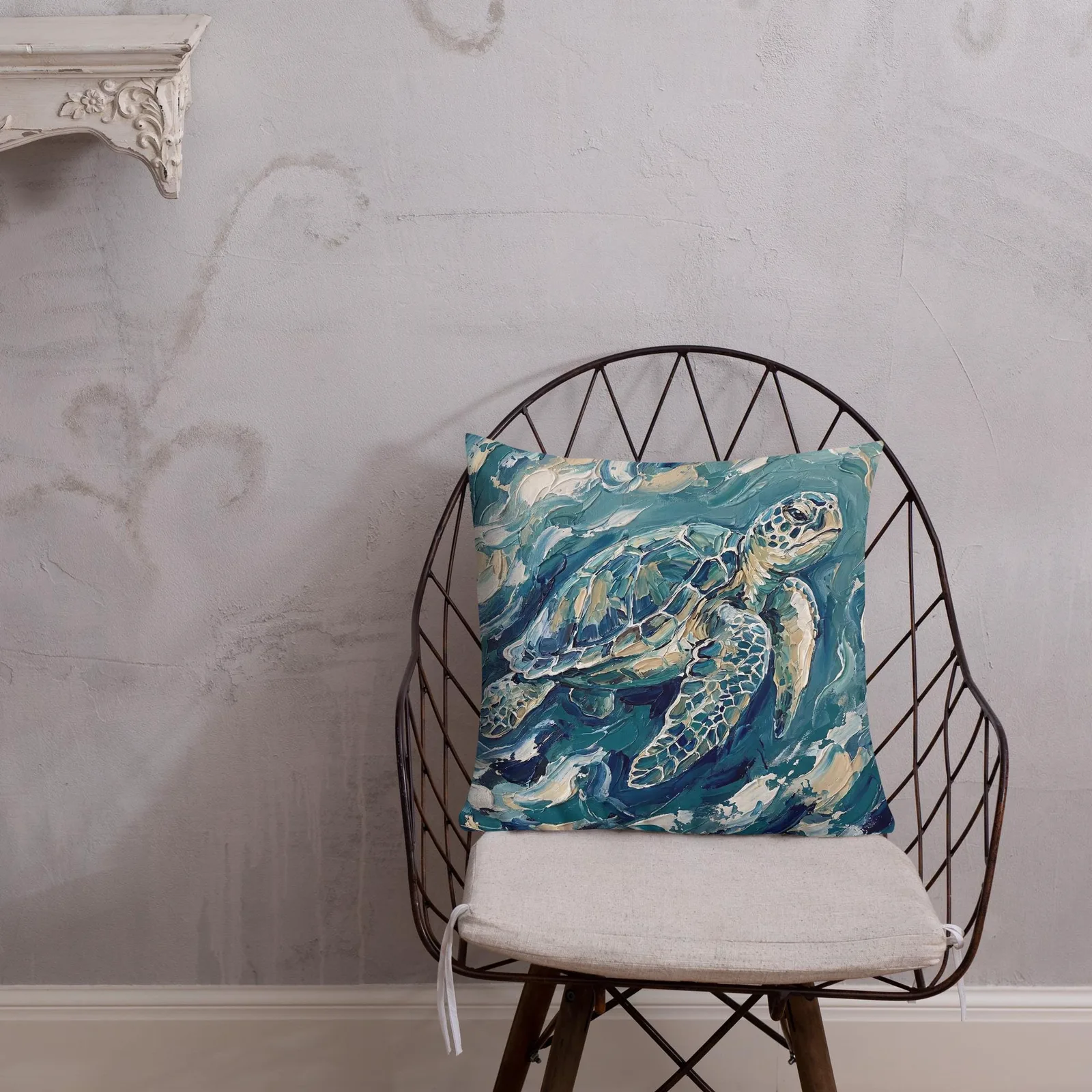 Impasto Sea Turtle Pillow: Nautical Blue Cream Cushion, photo 4