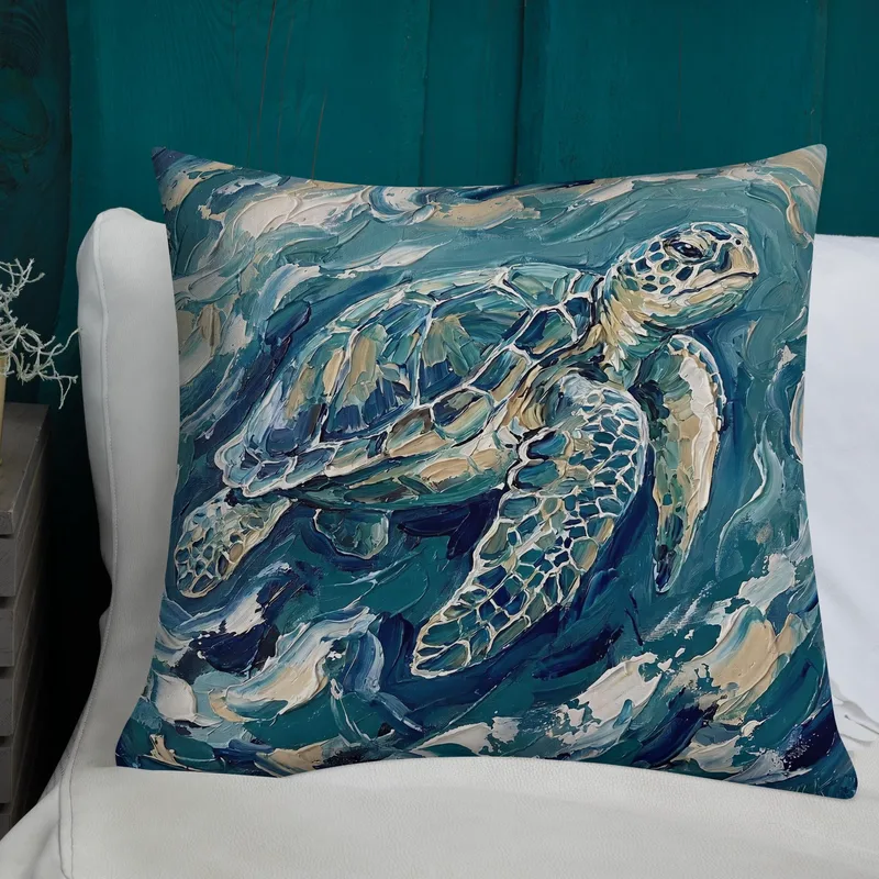 Impasto Sea Turtle Pillow: Nautical Blue Cream Cushion
