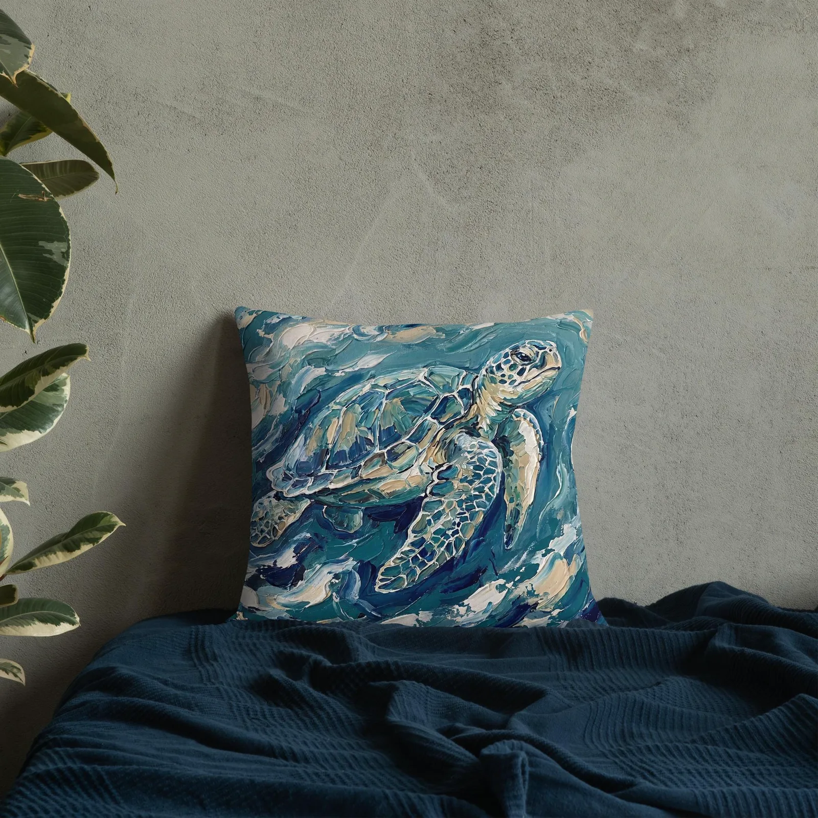 Impasto Sea Turtle Pillow: Nautical Blue Cream Cushion, photo 6