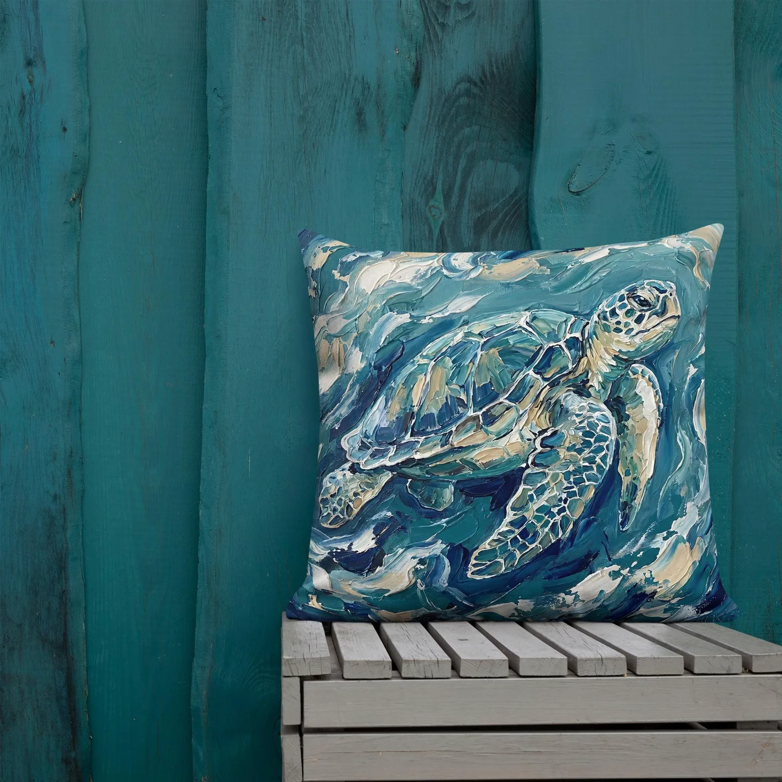 Impasto Sea Turtle Pillow: Nautical Blue Cream Cushion, photo 10
