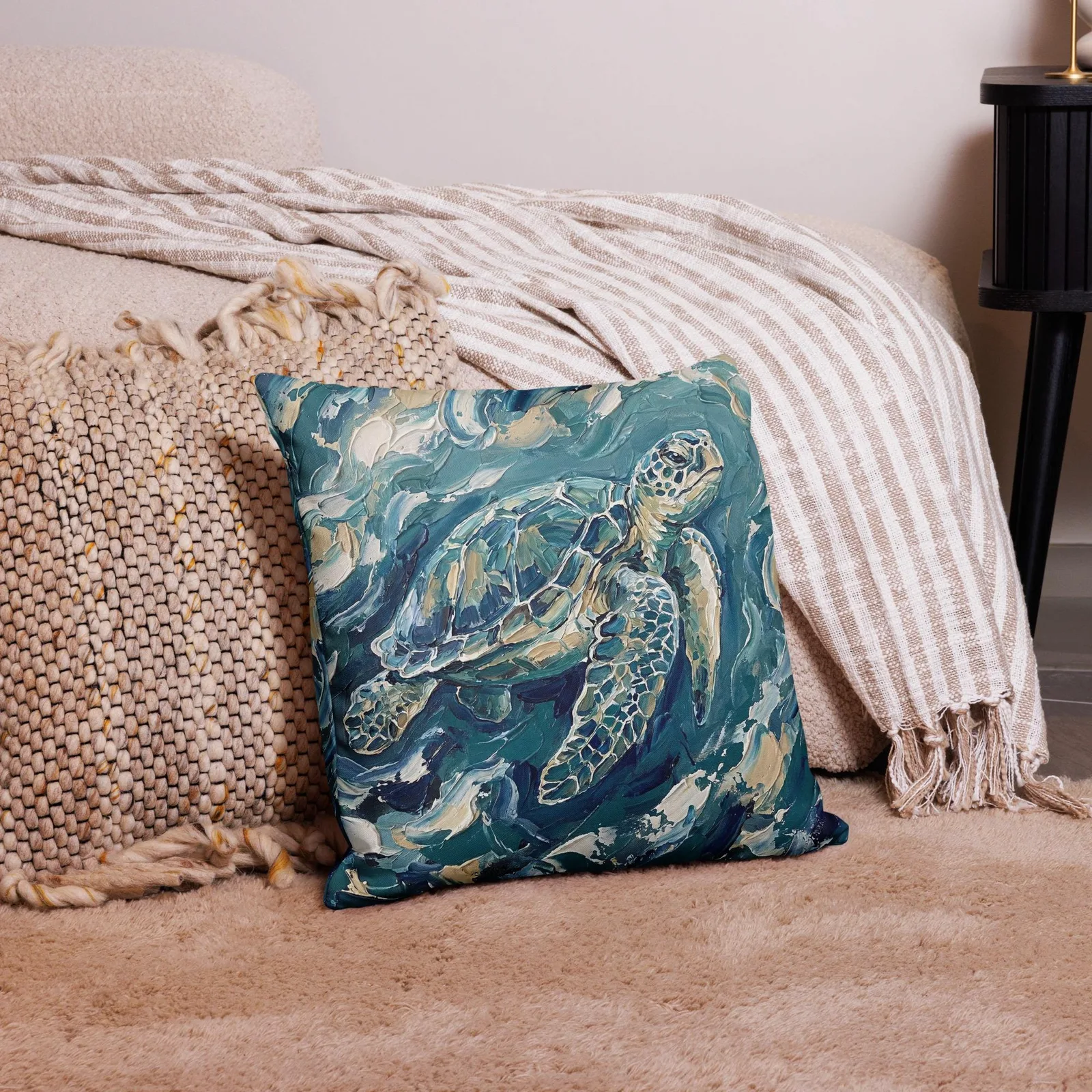 Impasto Sea Turtle Pillow: Nautical Blue Cream Cushion, photo 8