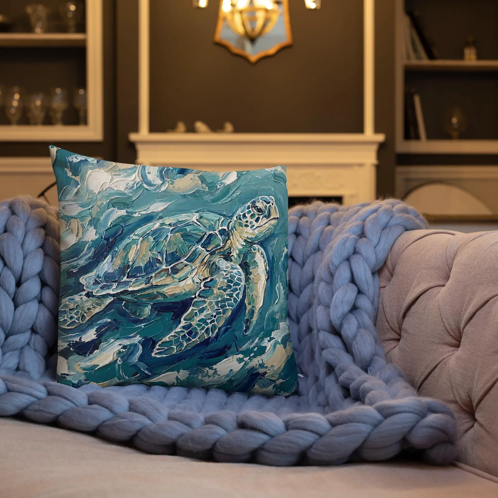 Impasto Sea Turtle Pillow: Nautical Blue Cream Cushion, photo 2