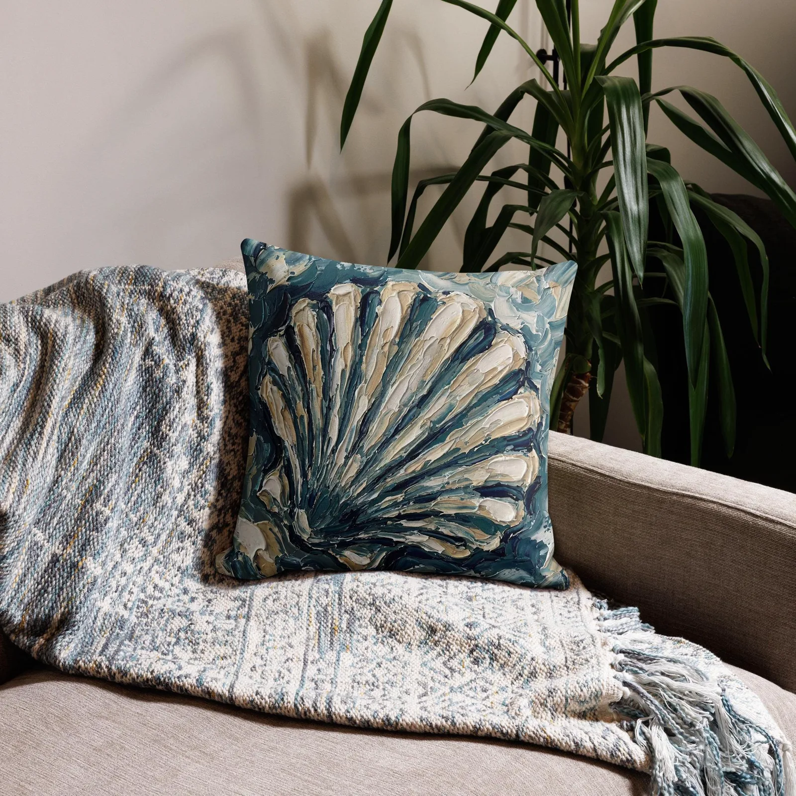 Impasto Seashell Throw Pillow: Nautical Ocean Accent Cushion, photo 4