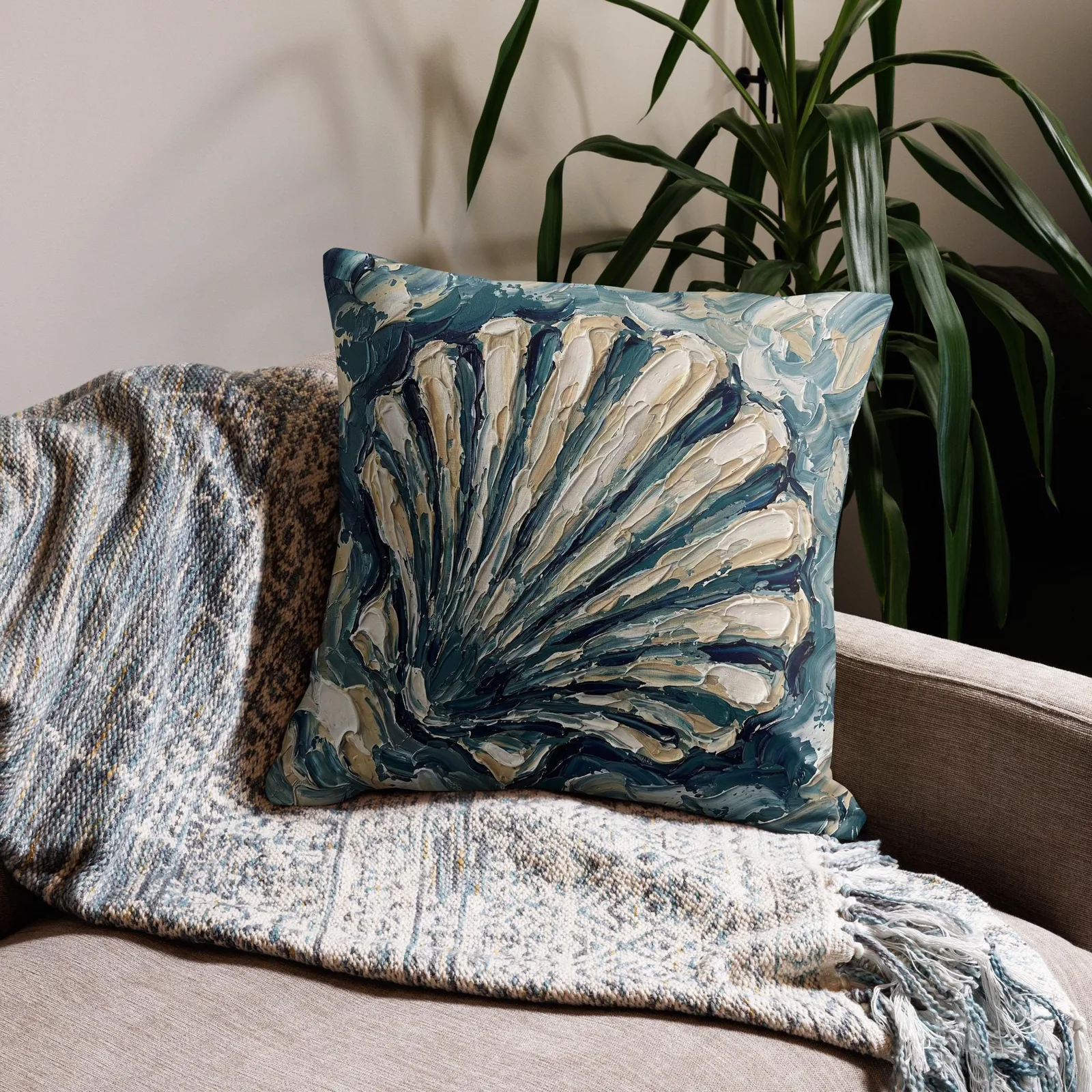 Impasto Seashell Throw Pillow: Nautical Ocean Accent Cushion, photo 5