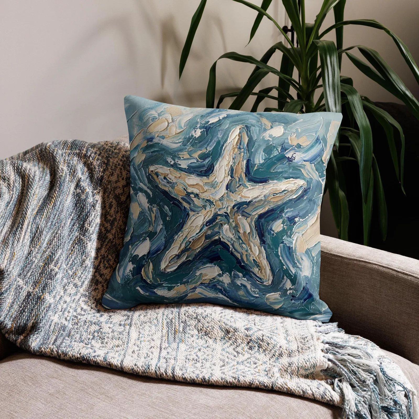 Impasto Starfish Throw Pillow: Ocean Vibe Decor Cushion, photo 3
