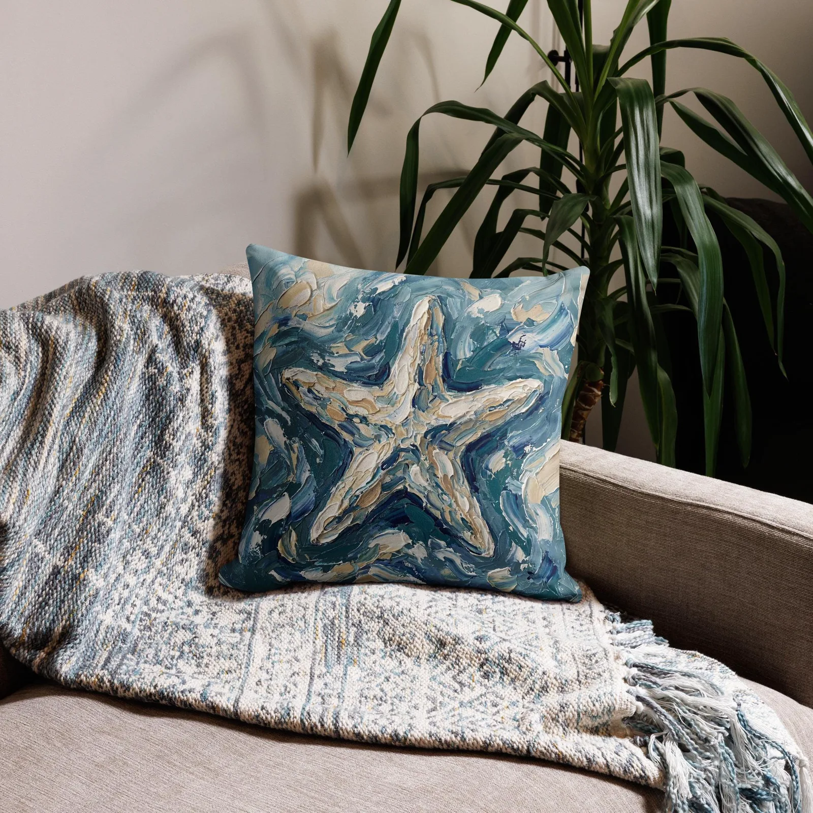 Impasto Starfish Throw Pillow: Ocean Vibe Decor Cushion, photo 2