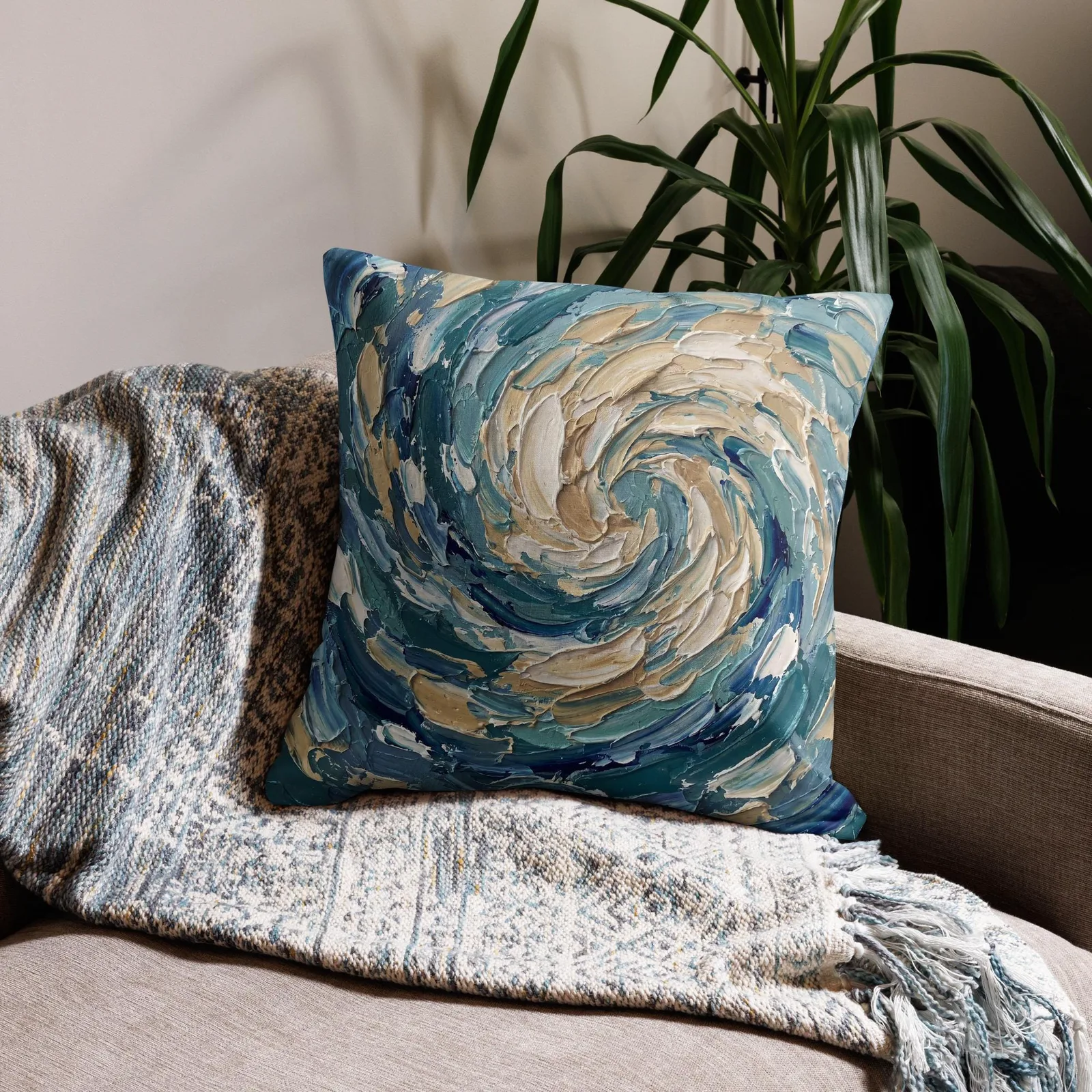 Impasto Whirlpool Throw Pillow: Modern Coastal Art Cushion, photo 7