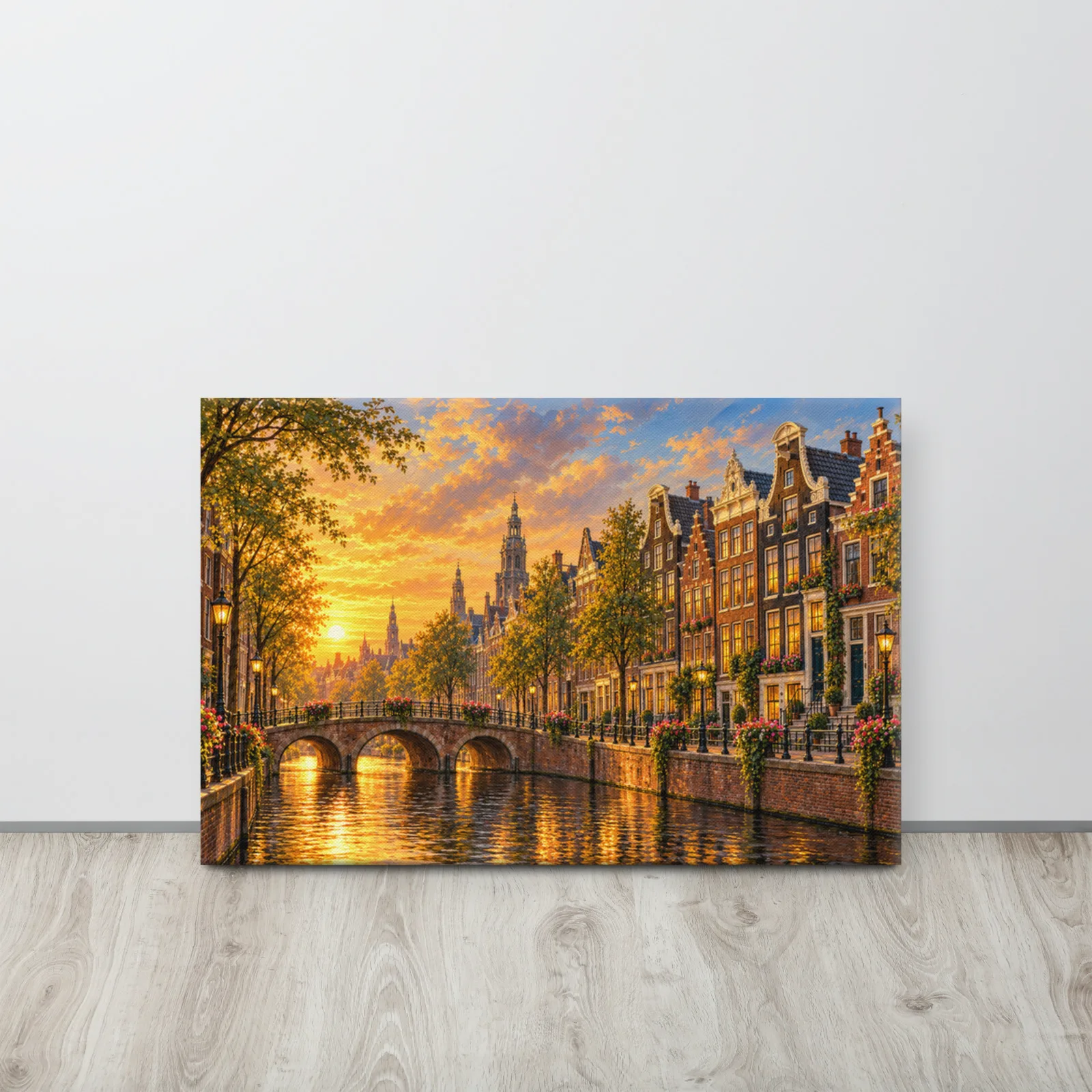 Inspired Amsterdam Canals Thin Canvas: Netherlands Sunset Cityscape Decor Wall Art, lifestyle 4 front view