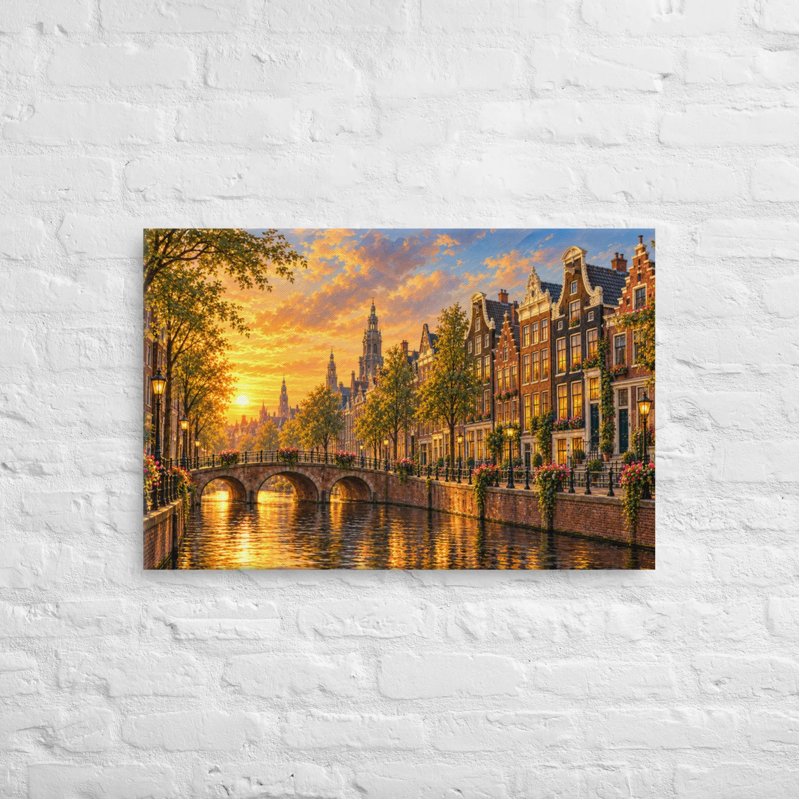 Inspired Amsterdam Canals Thin Canvas: Netherlands Sunset Cityscape Decor Wall Art, lifestyle 5 front view