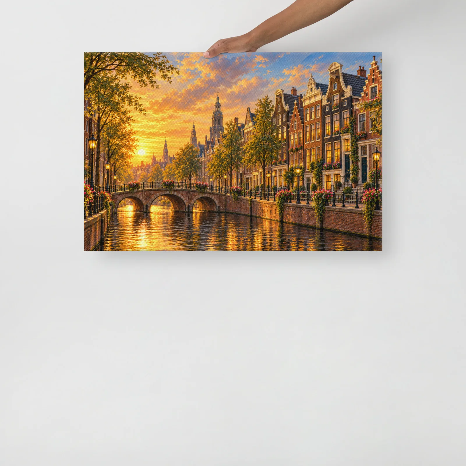Inspired Amsterdam Canals Thin Canvas: Netherlands Sunset Cityscape Decor Wall Art, lifestyle front view