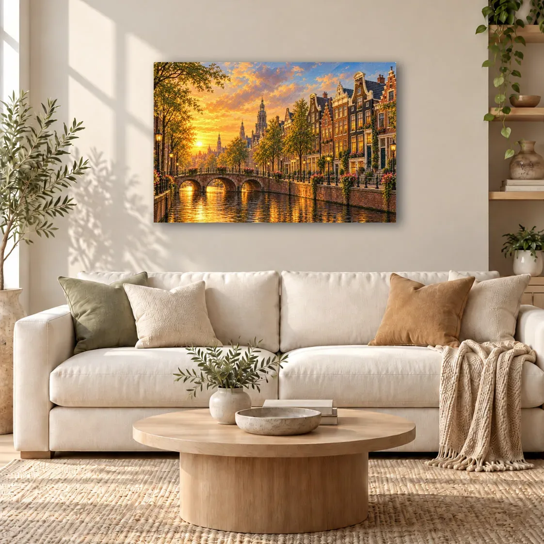 Inspired Amsterdam Canals Thin Canvas: Netherlands Sunset Cityscape Decor Wall Art
