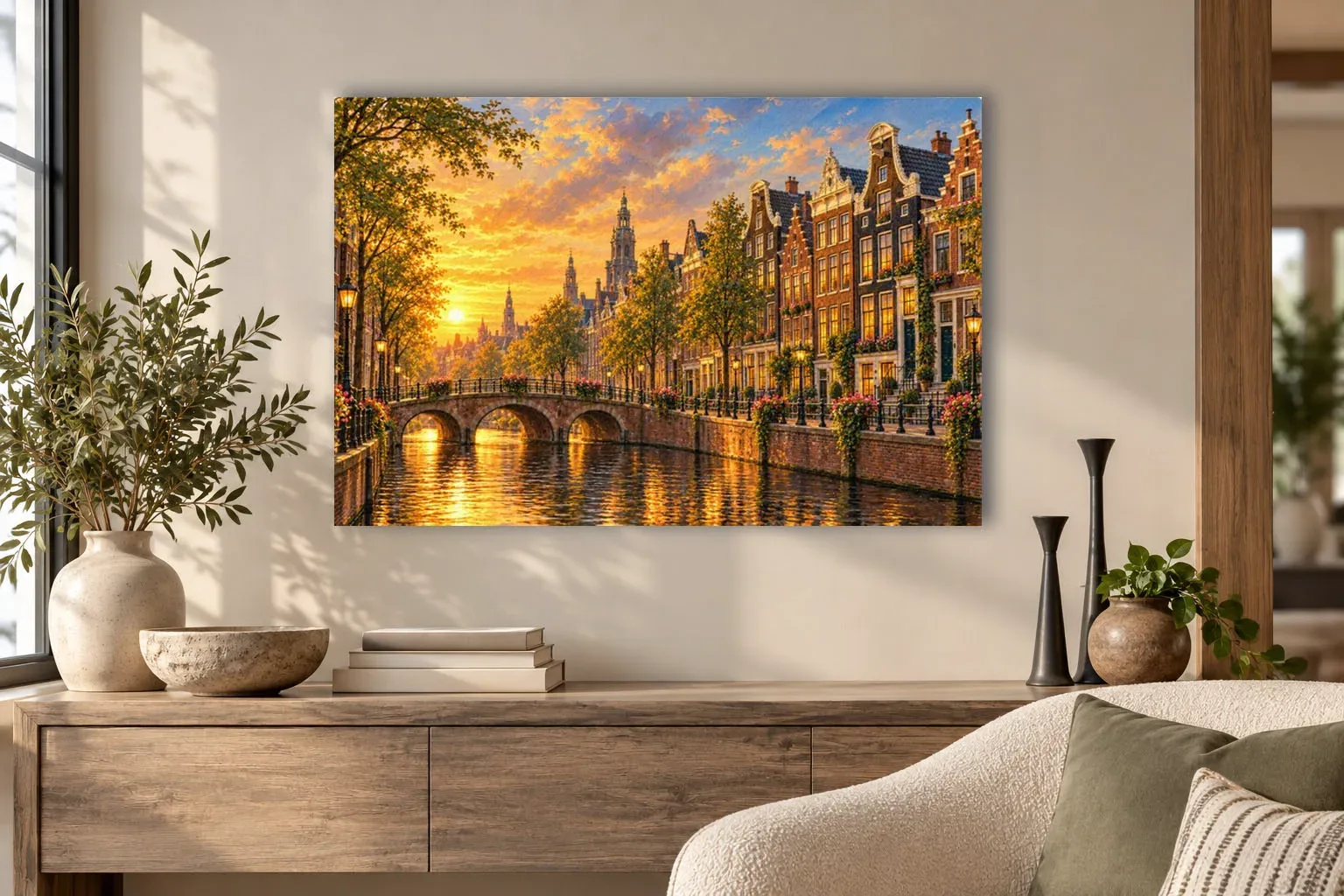Inspired Amsterdam Canals Thin Canvas: Netherlands Sunset Cityscape Decor Wall Art