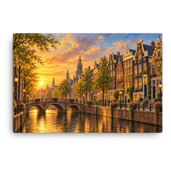 Inspired Amsterdam Canals Thin Canvas: Netherlands Sunset Cityscape Decor Wall Art