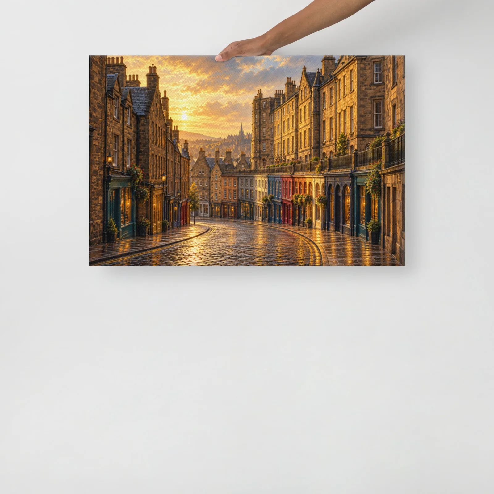 Inspired Victoria Street Edinburgh Thin Canvas: Scotland Old Town Historic Street Decor Wall Art, lifestyle front view