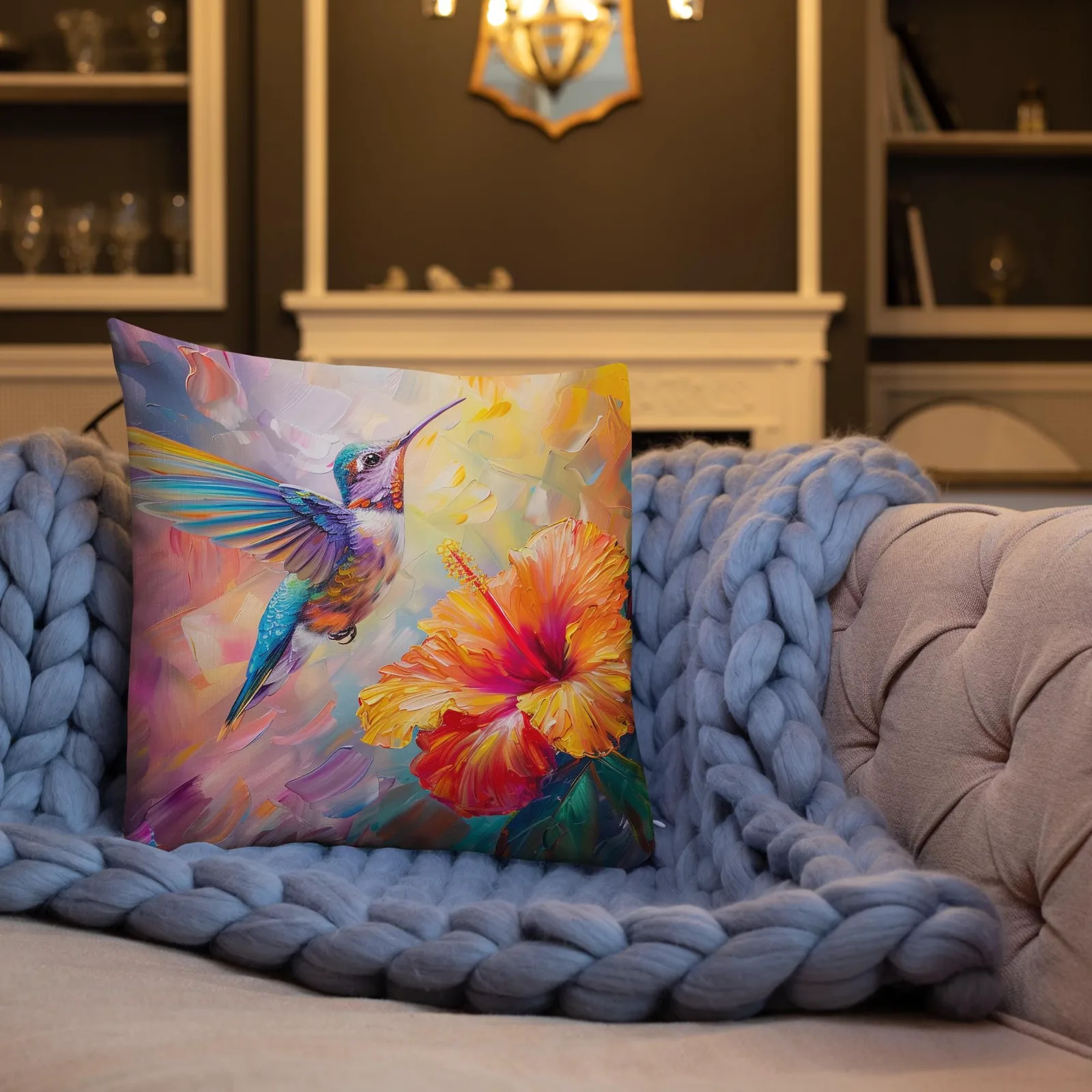 Iridescent Hummingbird Throw Pillow: Tropical Hibiscus Linen Decor Cushion, photo 9