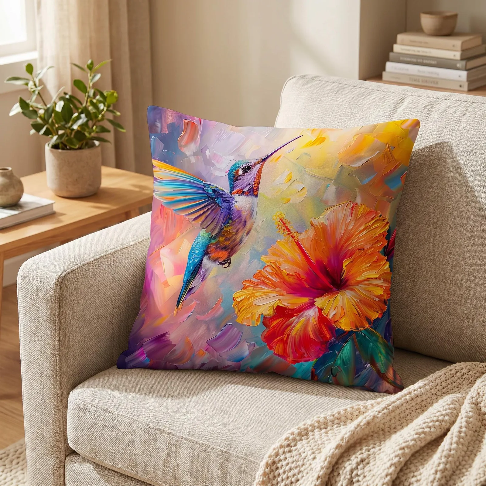 Iridescent Hummingbird Throw Pillow: Tropical Hibiscus Linen Decor Cushion
