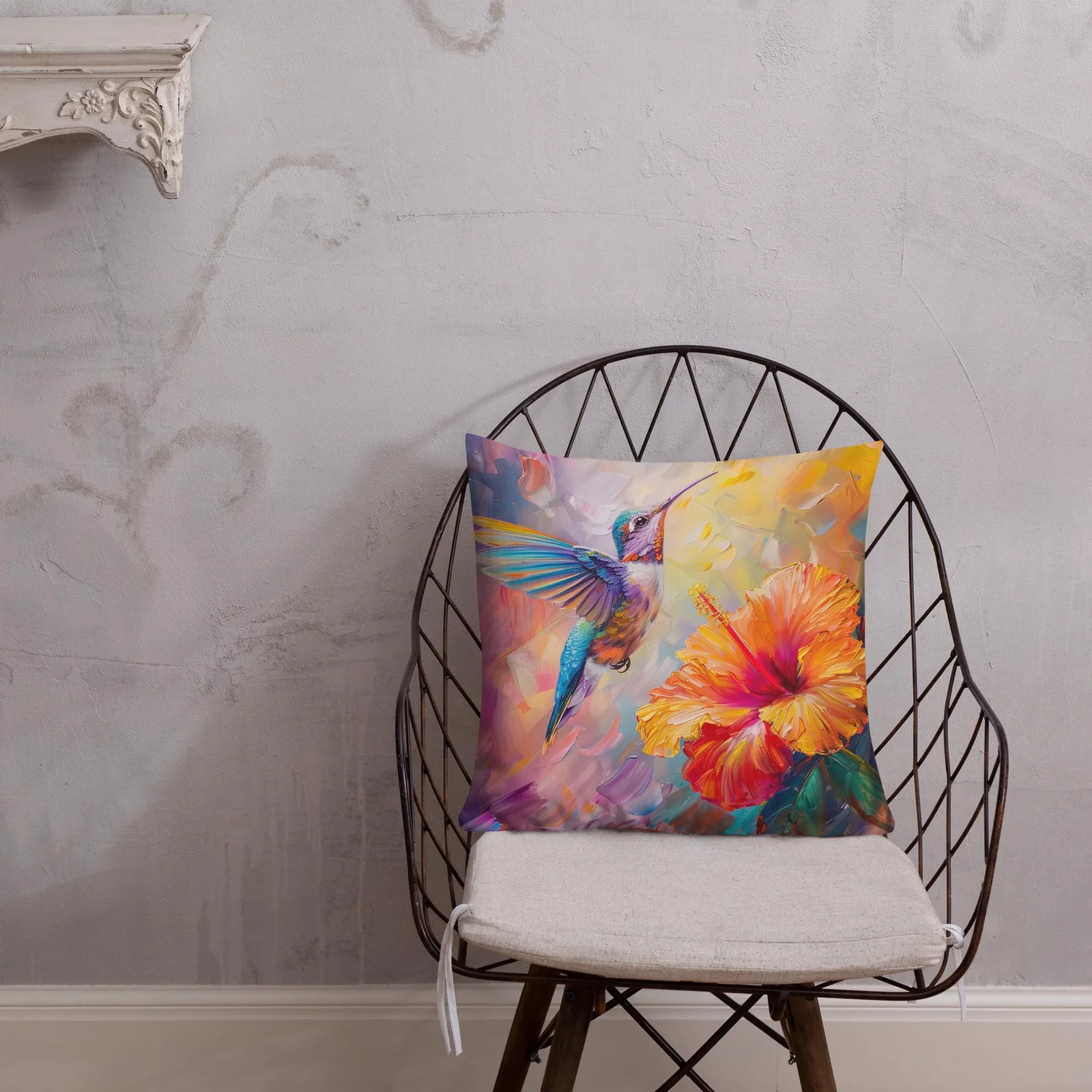 Iridescent Hummingbird Throw Pillow: Tropical Hibiscus Linen Decor Cushion, photo 8