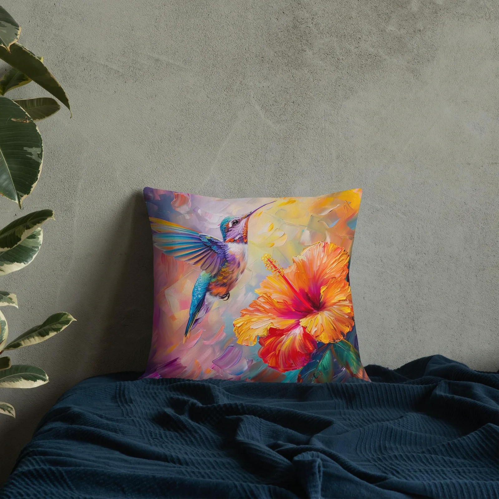 Iridescent Hummingbird Throw Pillow: Tropical Hibiscus Linen Decor Cushion, photo 7