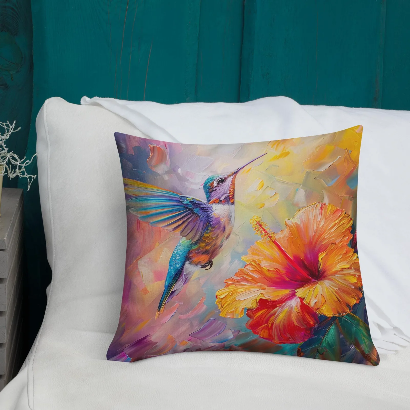 Iridescent Hummingbird Throw Pillow: Tropical Hibiscus Linen Decor Cushion, photo 10