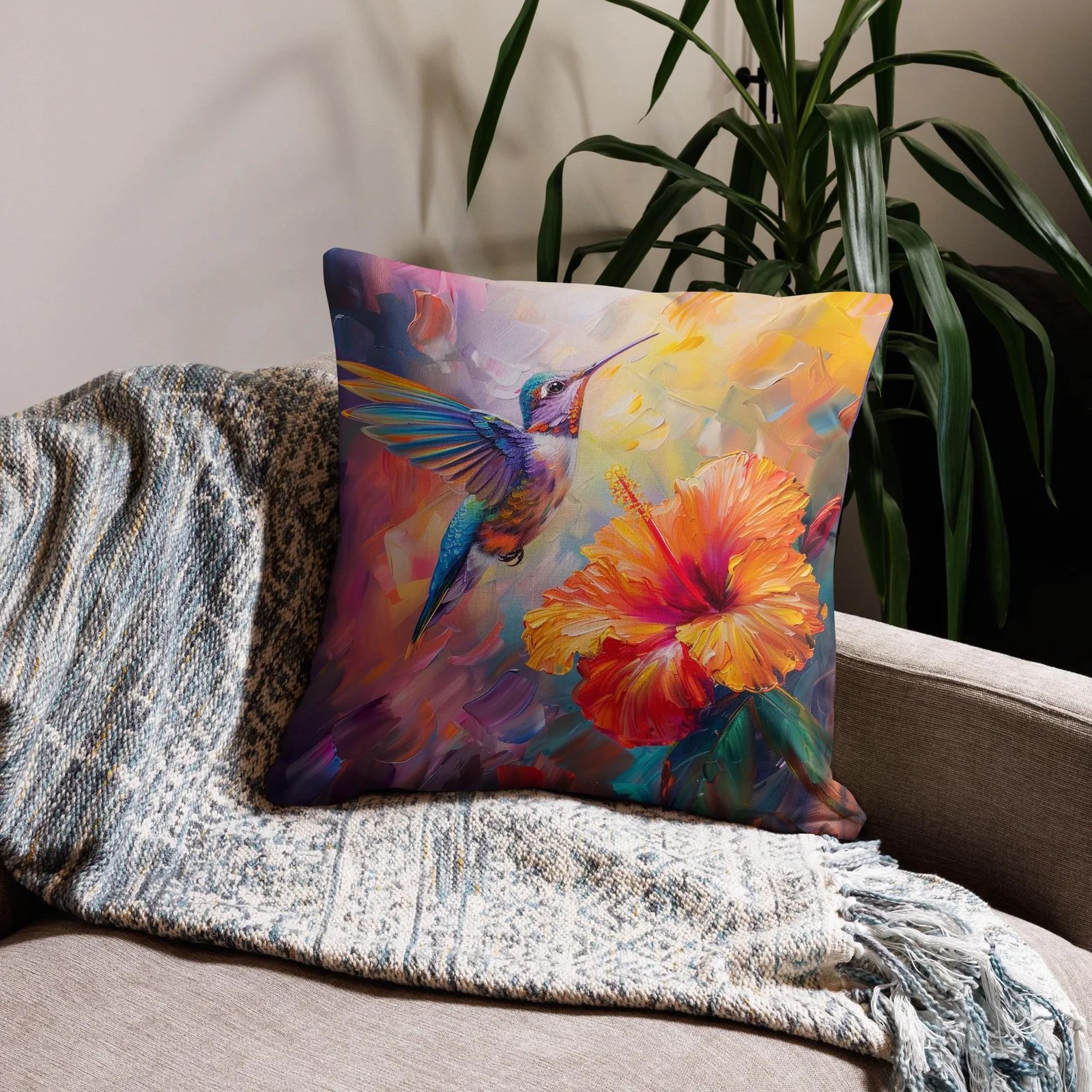 Iridescent Hummingbird Throw Pillow: Tropical Hibiscus Linen Decor Cushion, photo 4