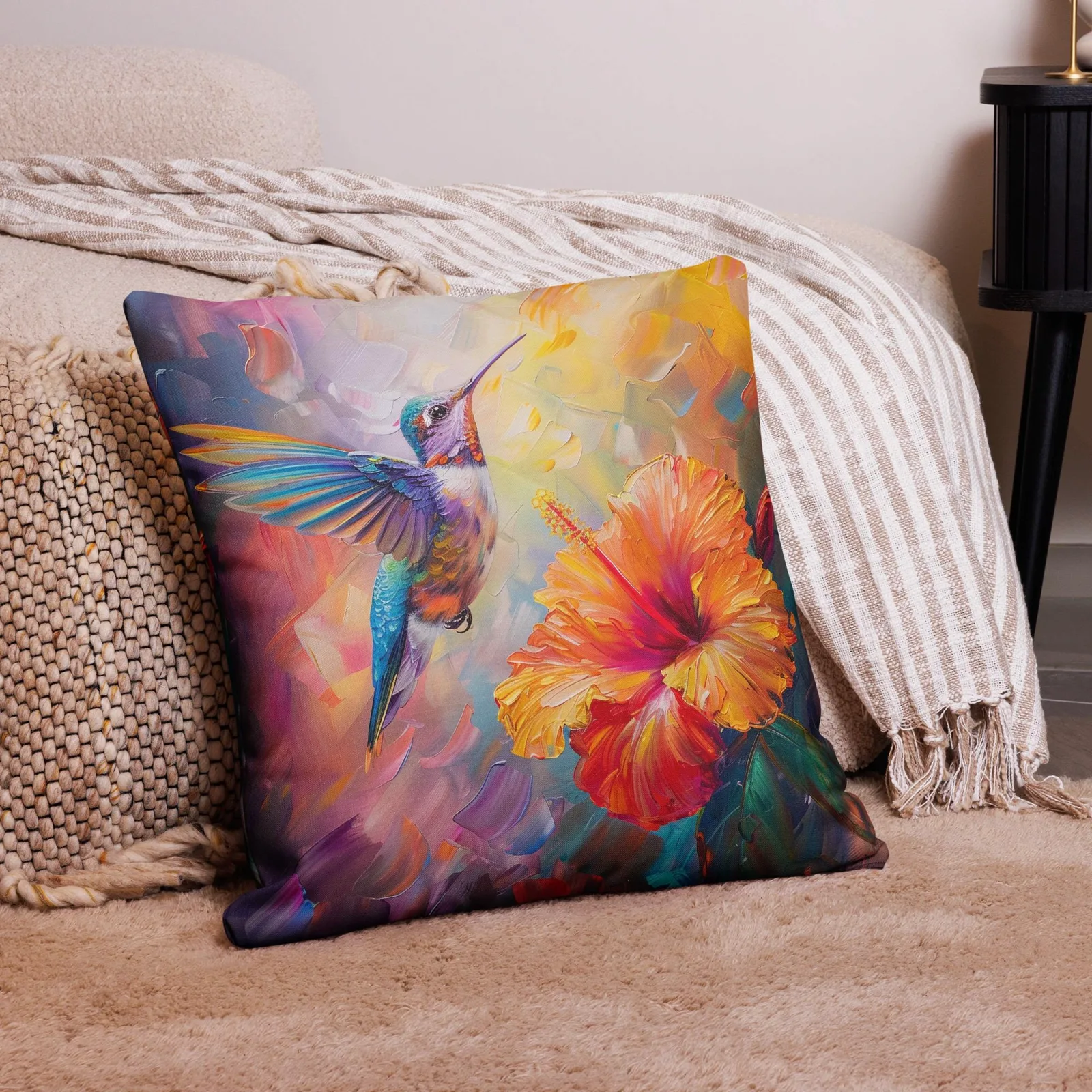 Iridescent Hummingbird Throw Pillow: Tropical Hibiscus Linen Decor Cushion, photo 6