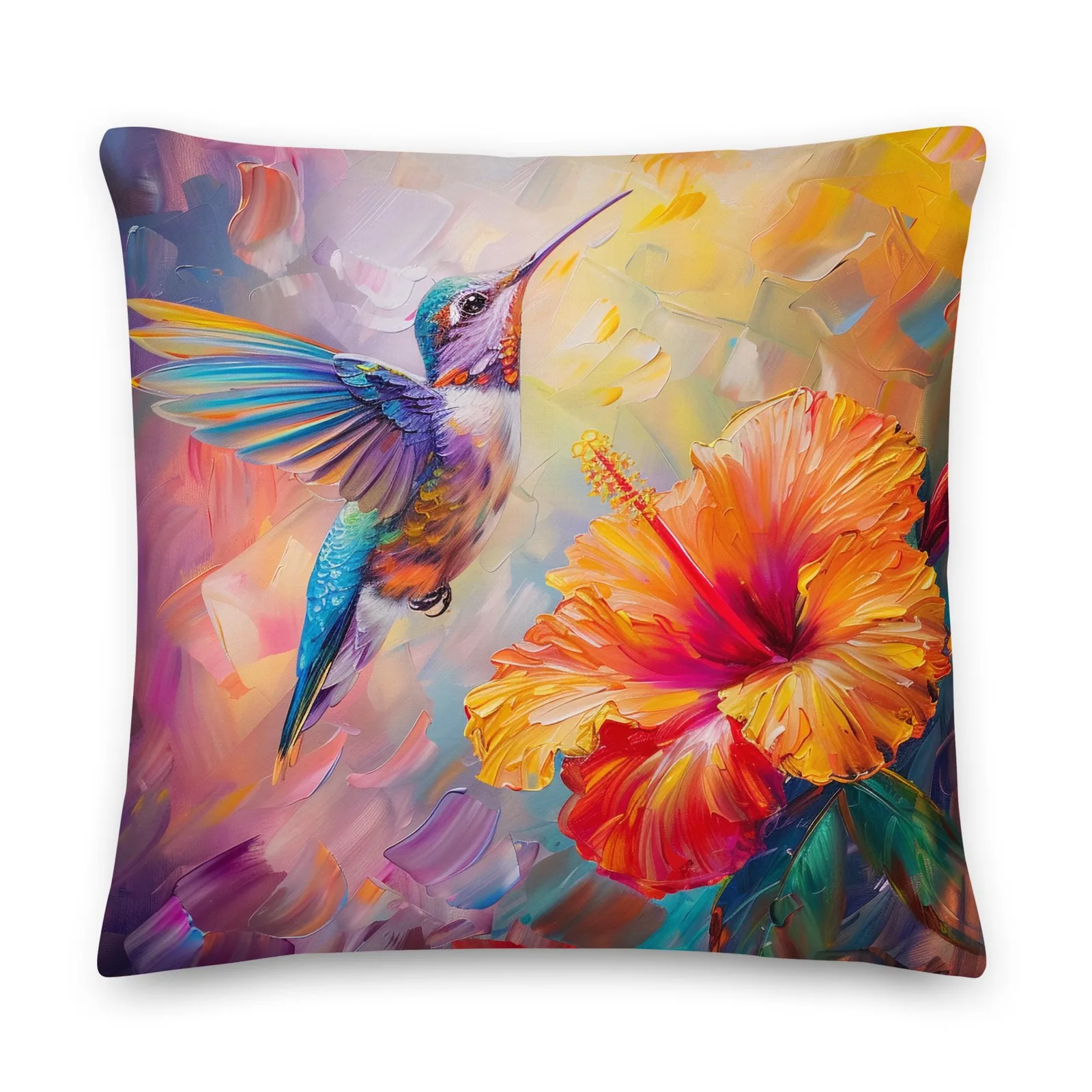 Iridescent Hummingbird Throw Pillow: Tropical Hibiscus Linen Decor Cushion, photo 2