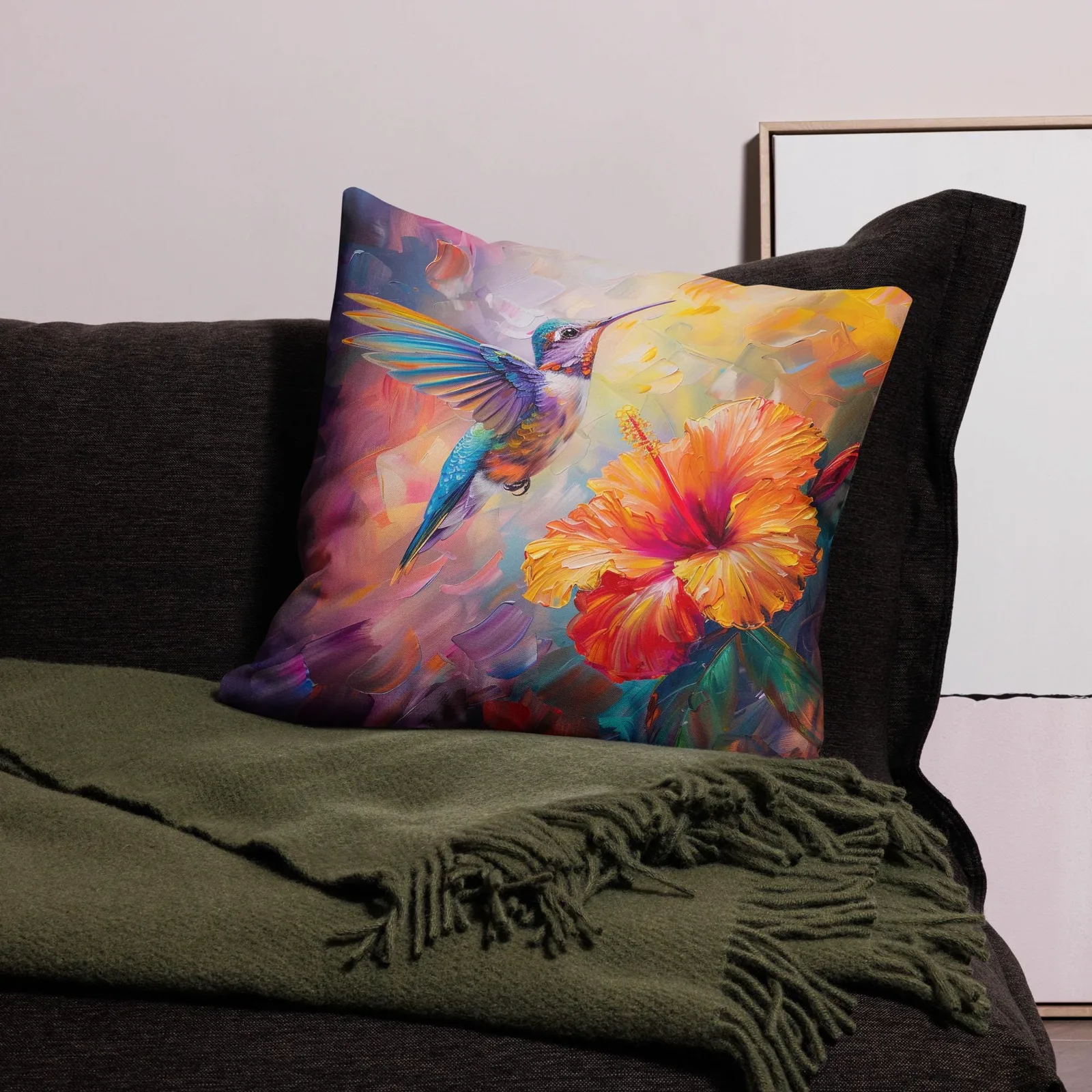 Iridescent Hummingbird Throw Pillow: Tropical Hibiscus Linen Decor Cushion, photo 3