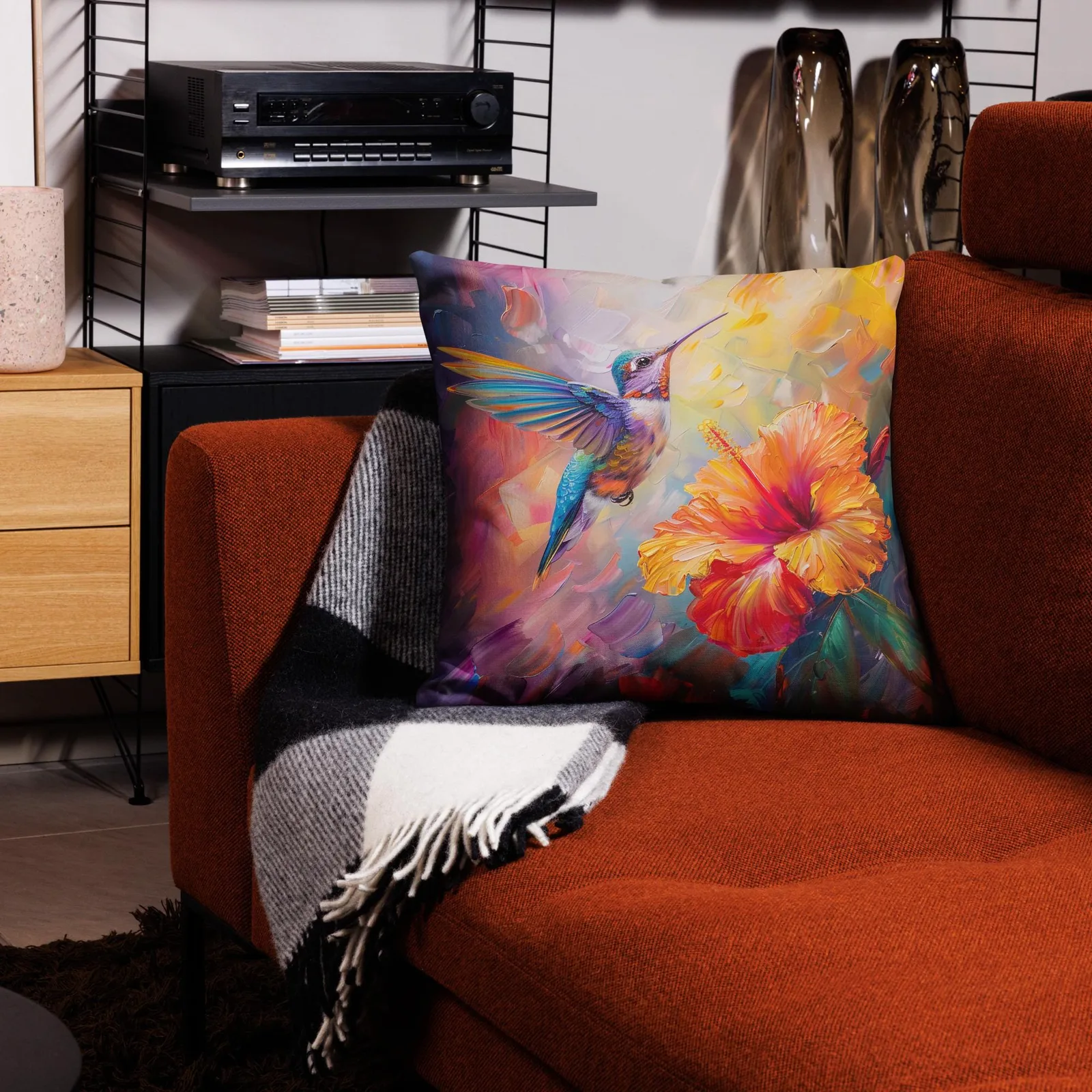 Iridescent Hummingbird Throw Pillow: Tropical Hibiscus Linen Decor Cushion, photo 5