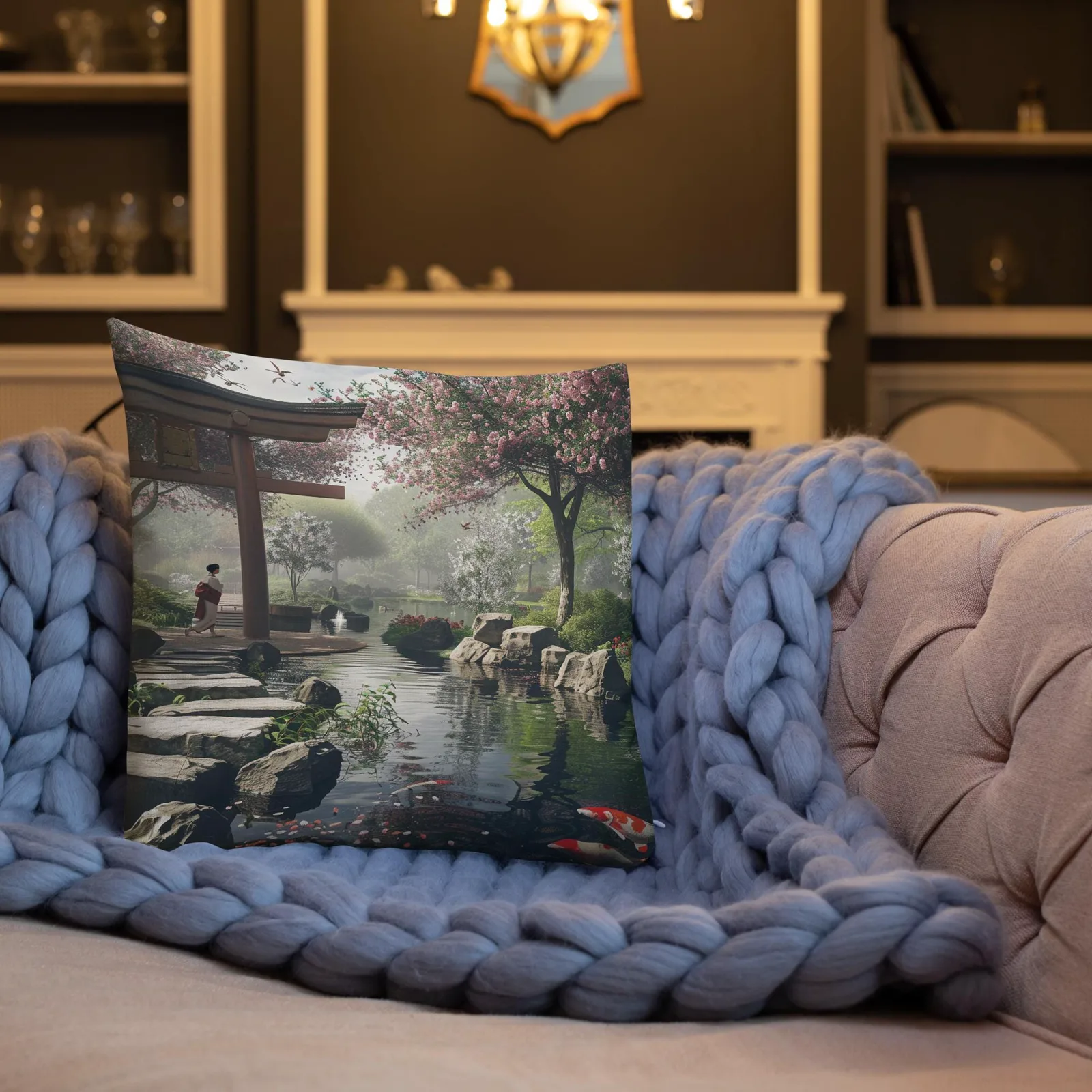 Japanese Zen Garden Throw Pillow: Koi Pond, Cherry Blossoms, photo 8