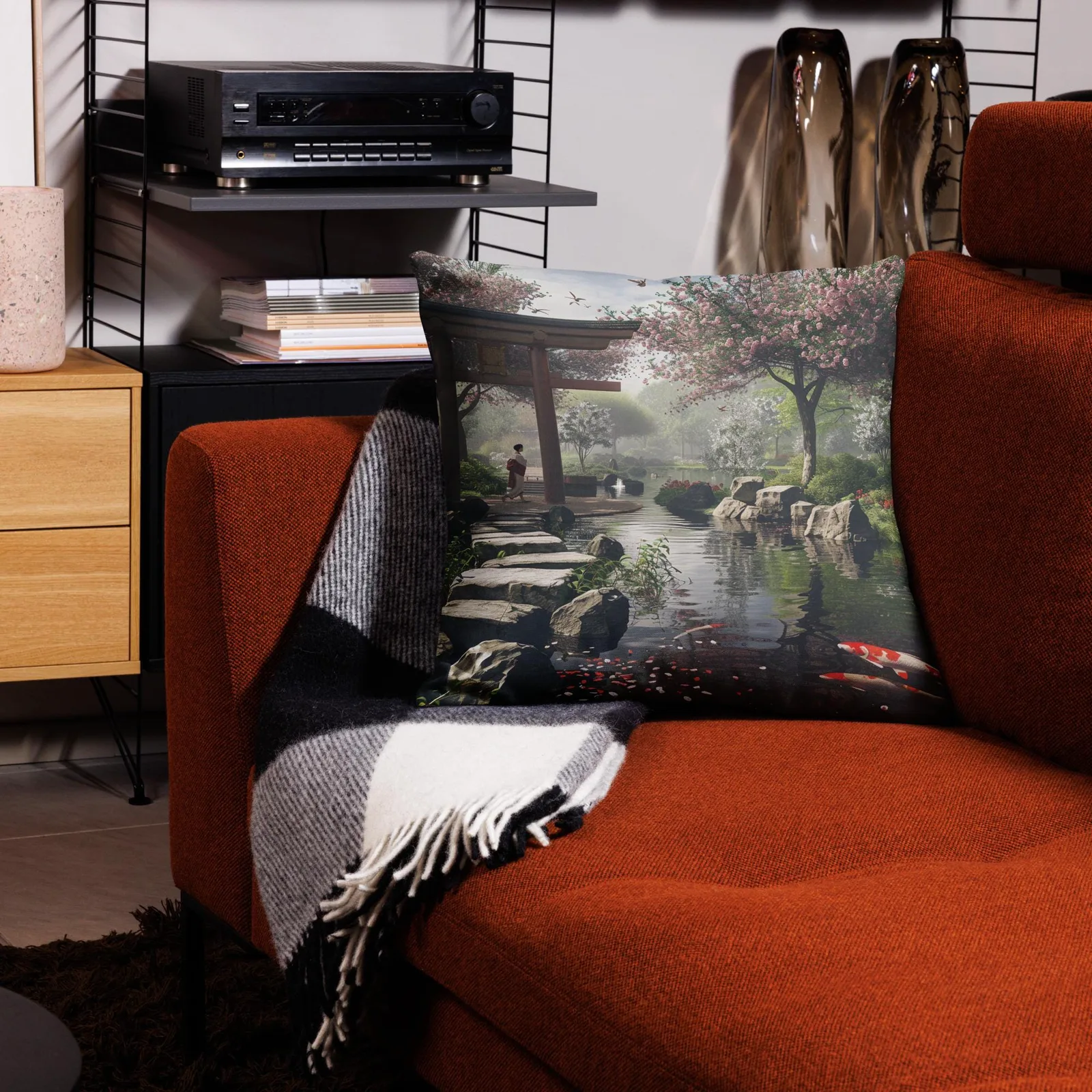 Japanese Zen Garden Throw Pillow: Koi Pond, Cherry Blossoms, photo 4