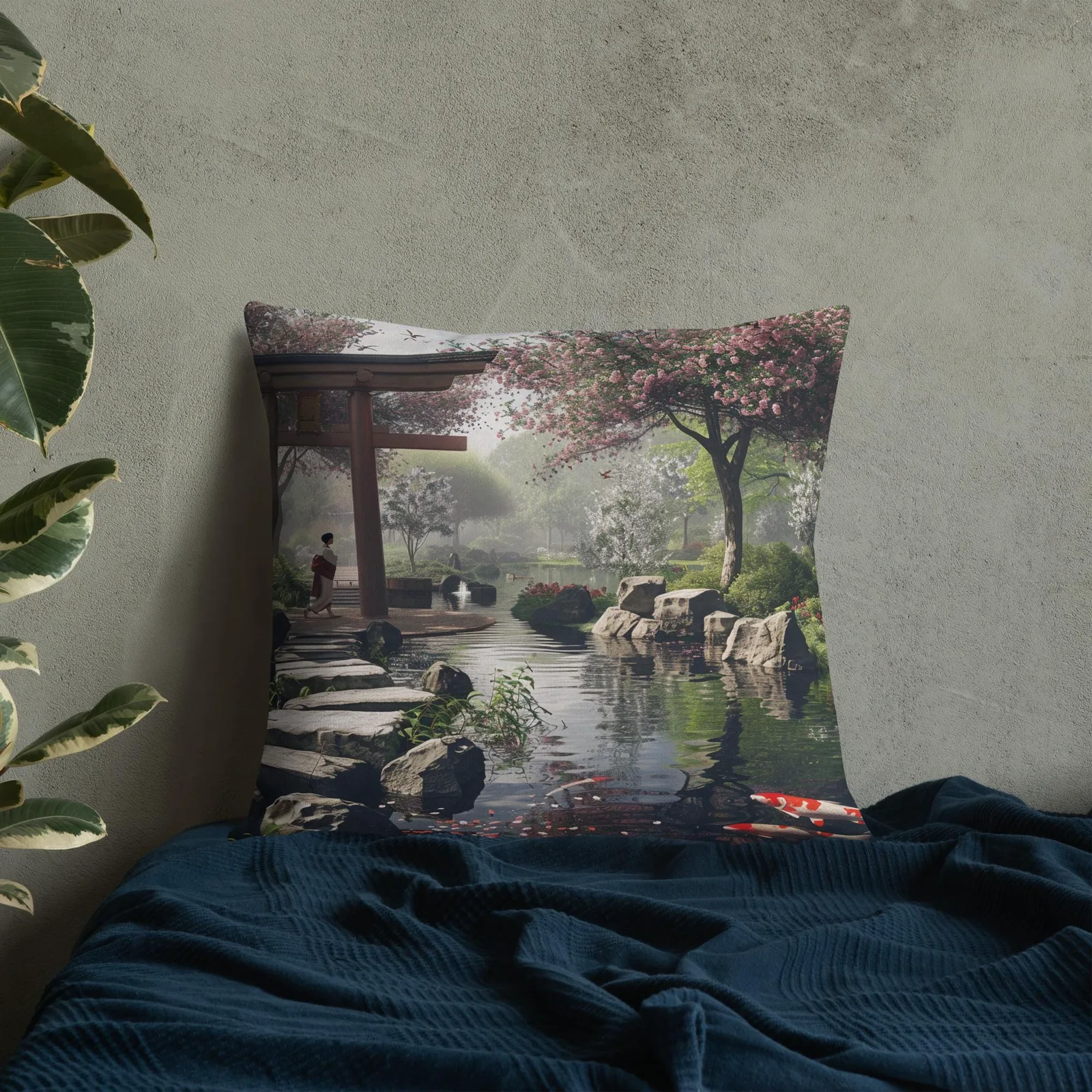 Japanese Zen Garden Throw Pillow: Koi Pond, Cherry Blossoms, photo 10