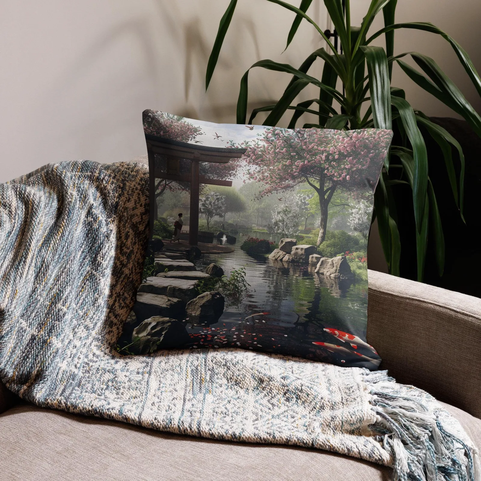 Japanese Zen Garden Throw Pillow: Koi Pond, Cherry Blossoms, photo 3