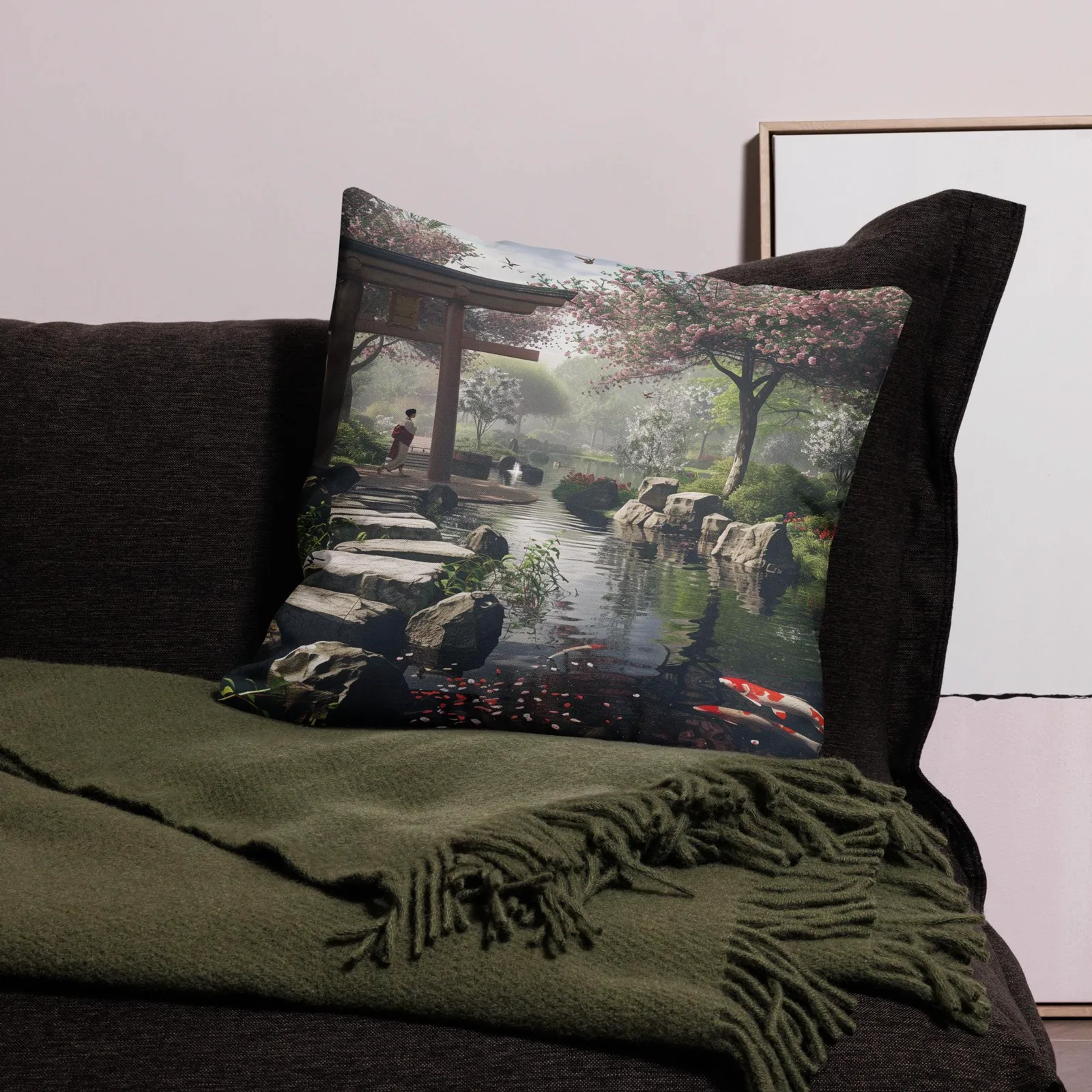 Japanese Zen Garden Throw Pillow: Koi Pond, Cherry Blossoms, photo 2