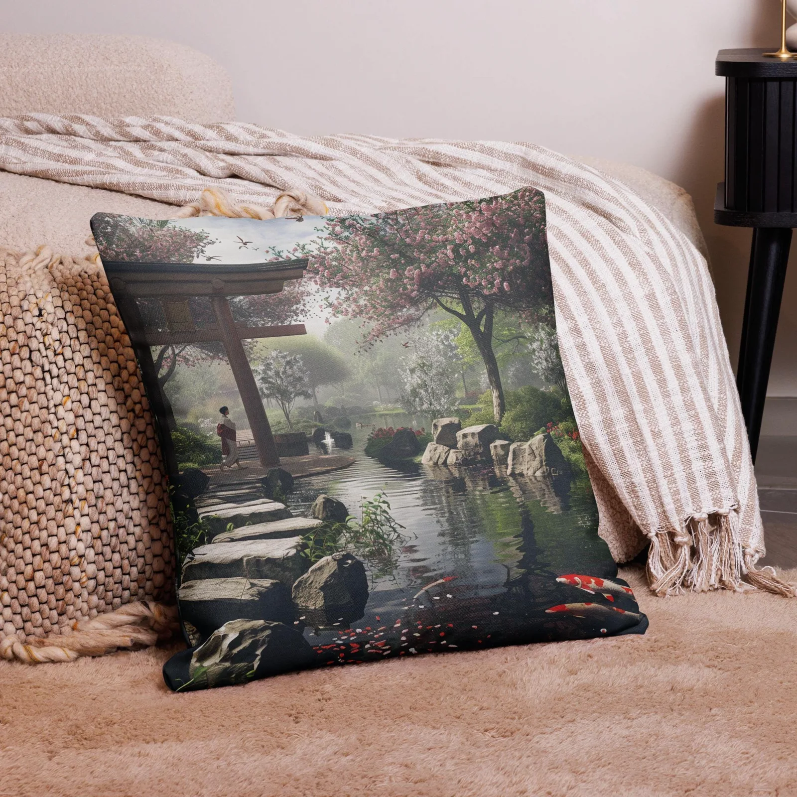 Japanese Zen Garden Throw Pillow: Koi Pond, Cherry Blossoms, photo 5