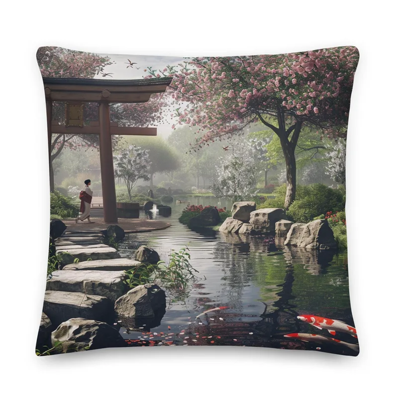 Japanese Zen Garden Throw Pillow: Koi Pond, Cherry Blossoms