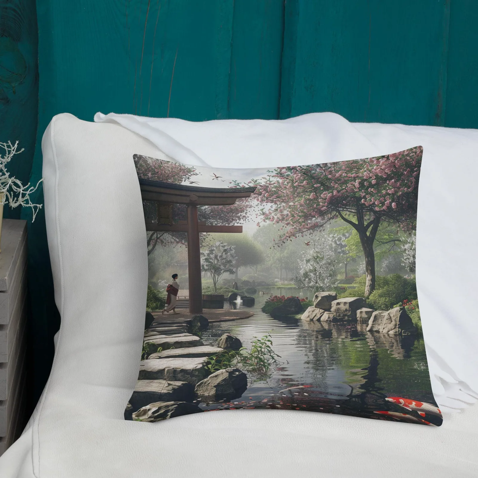 Japanese Zen Garden Throw Pillow: Koi Pond, Cherry Blossoms, photo 9