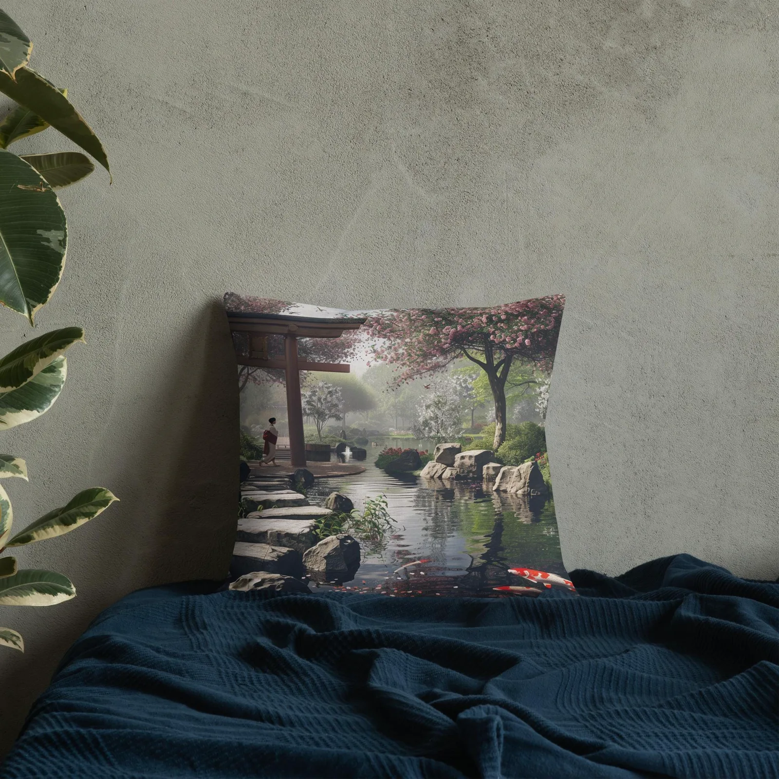 Japanese Zen Garden Throw Pillow: Koi Pond, Cherry Blossoms, photo 6