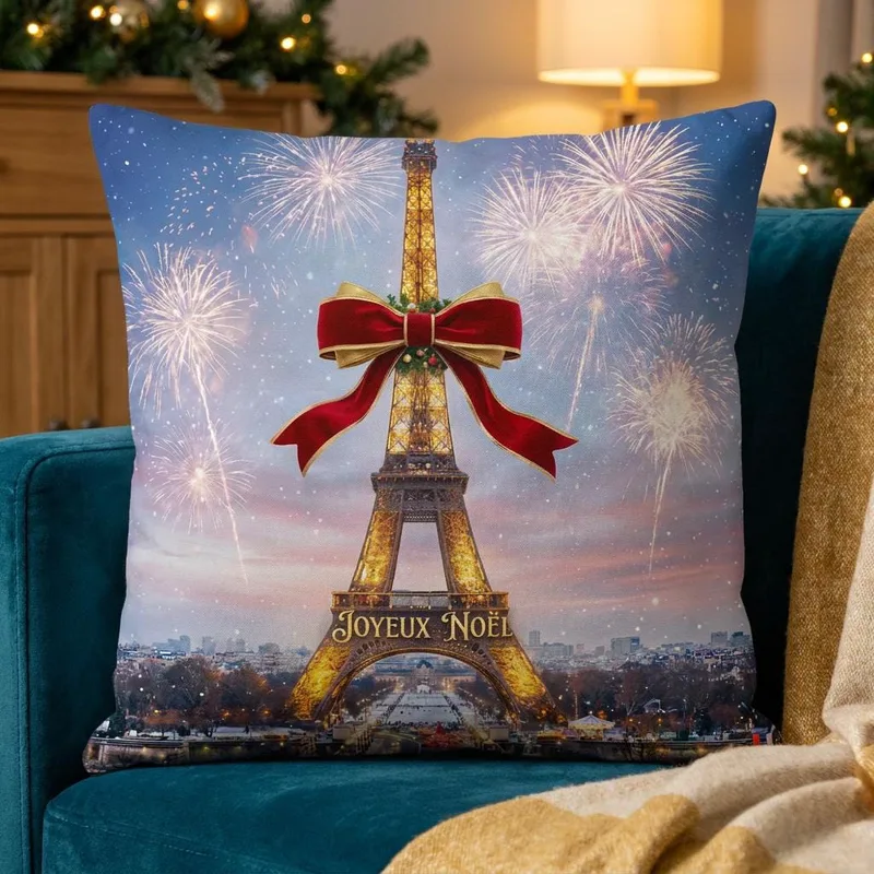 Joyeux Noël Eiffel Tower Christmas Throw Pillow: Elegant Christmas Decor for the Paris Lover