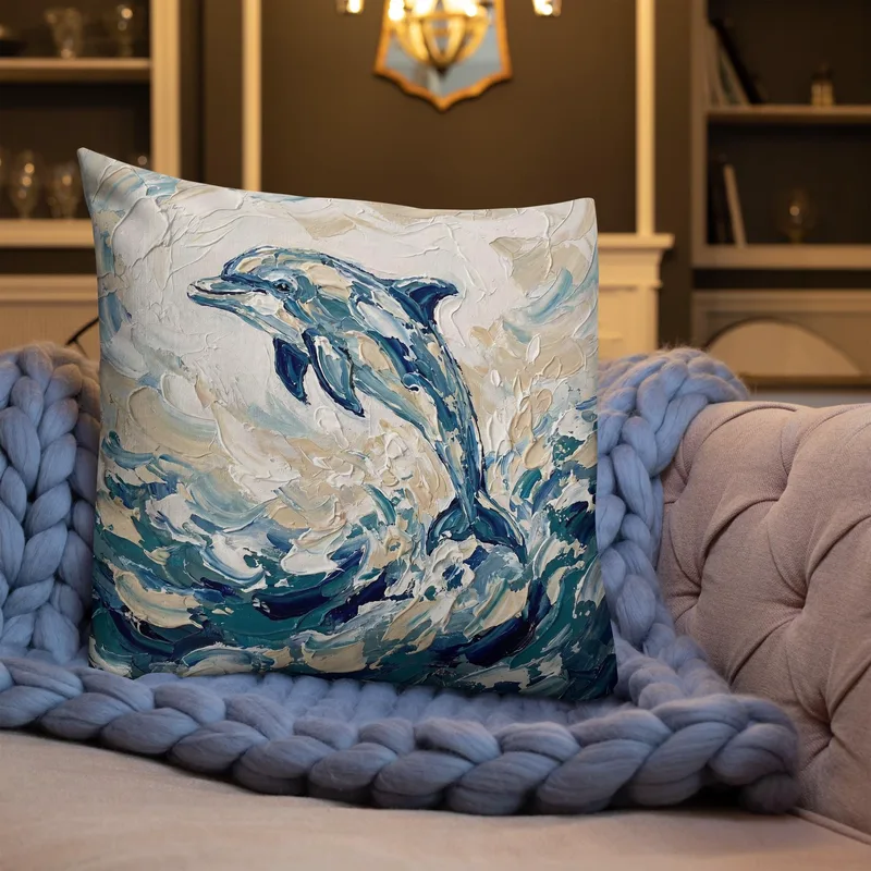 Jumping Dolphin Throw Pillow: Impasto Coastal Cushion
