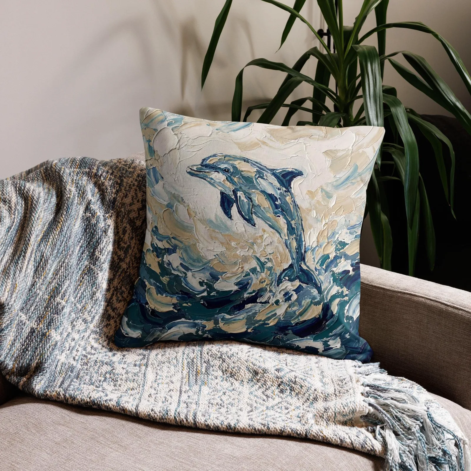 Jumping Dolphin Throw Pillow: Impasto Coastal Cushion, photo 10