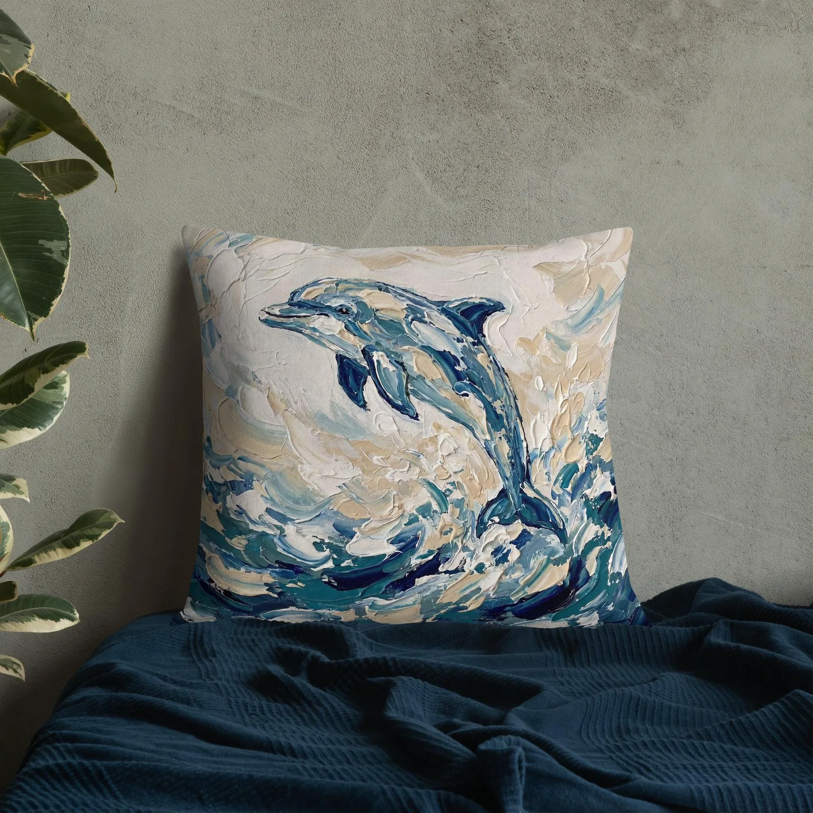 Jumping Dolphin Throw Pillow: Impasto Coastal Cushion, photo 3