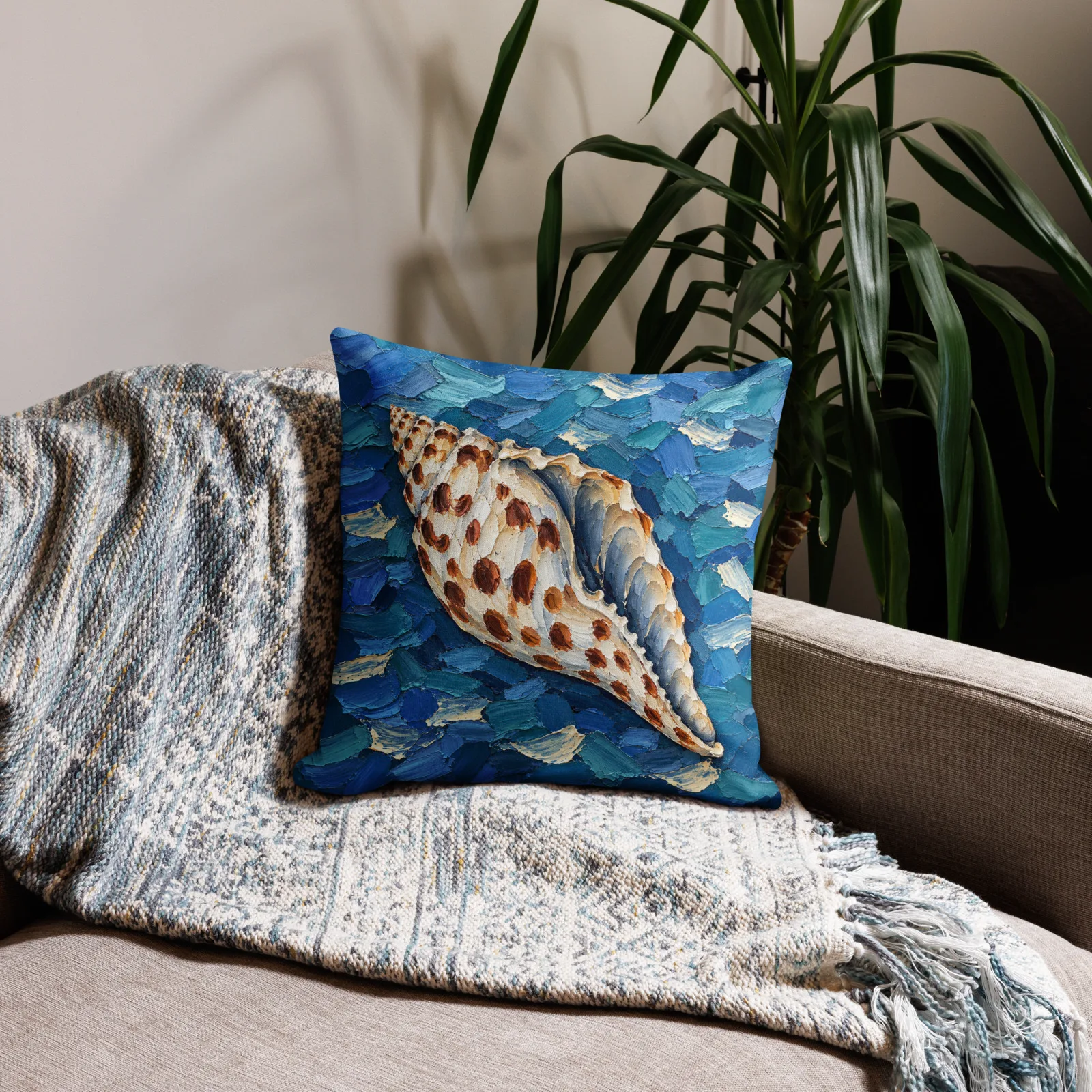 Junonia Seashell Throw Pillow: Spotted Shell Impasto Blue Coastal Decor Cushion, lifestyle 2 front view