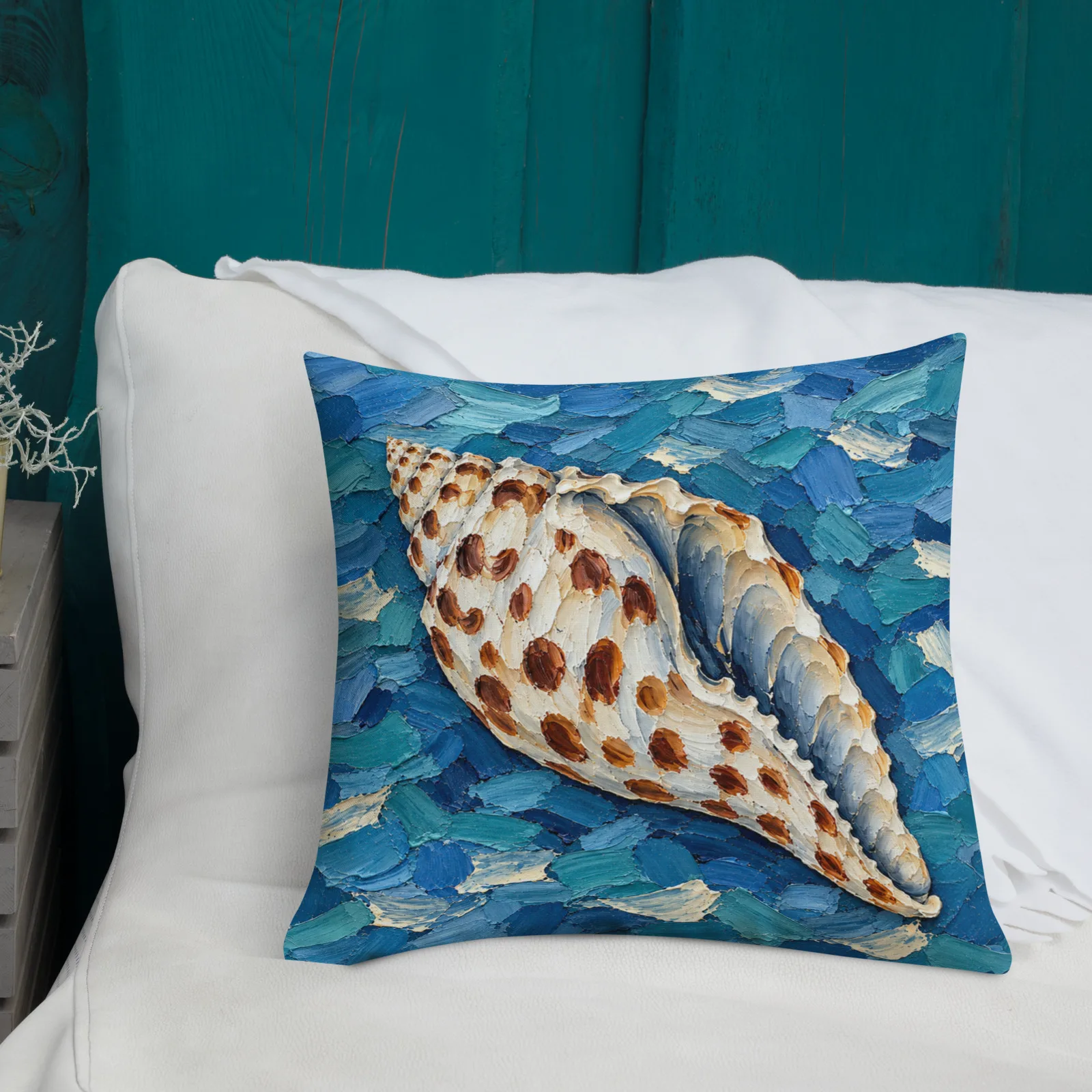 Junonia Seashell Throw Pillow: Spotted Shell Impasto Blue Coastal Decor Cushion, indoors lifestyle front 4 view