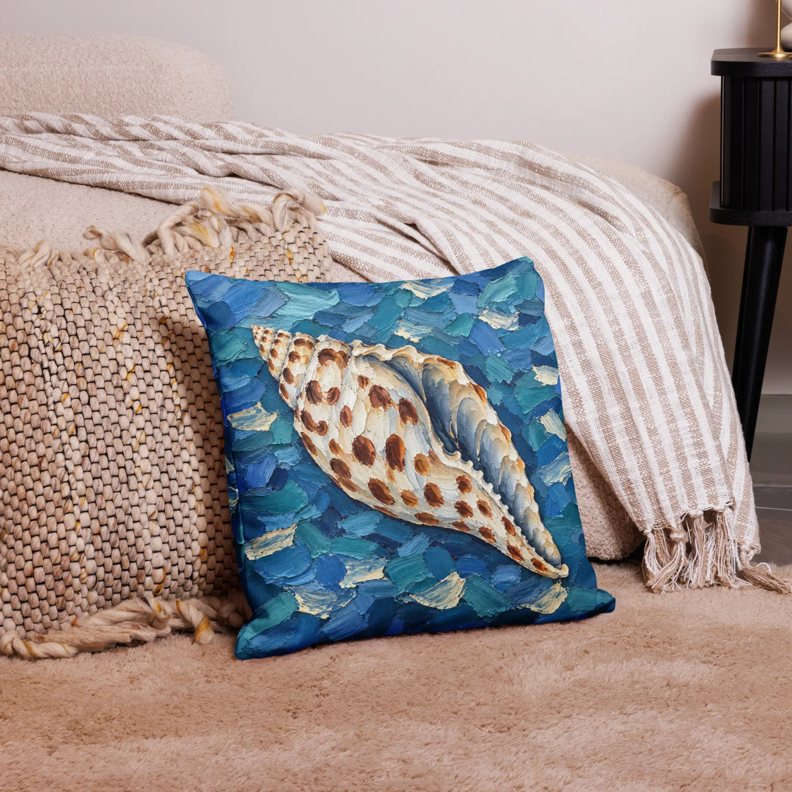 Junonia Seashell Throw Pillow: Spotted Shell Impasto Blue Coastal Decor Cushion, lifestyle 4 front view