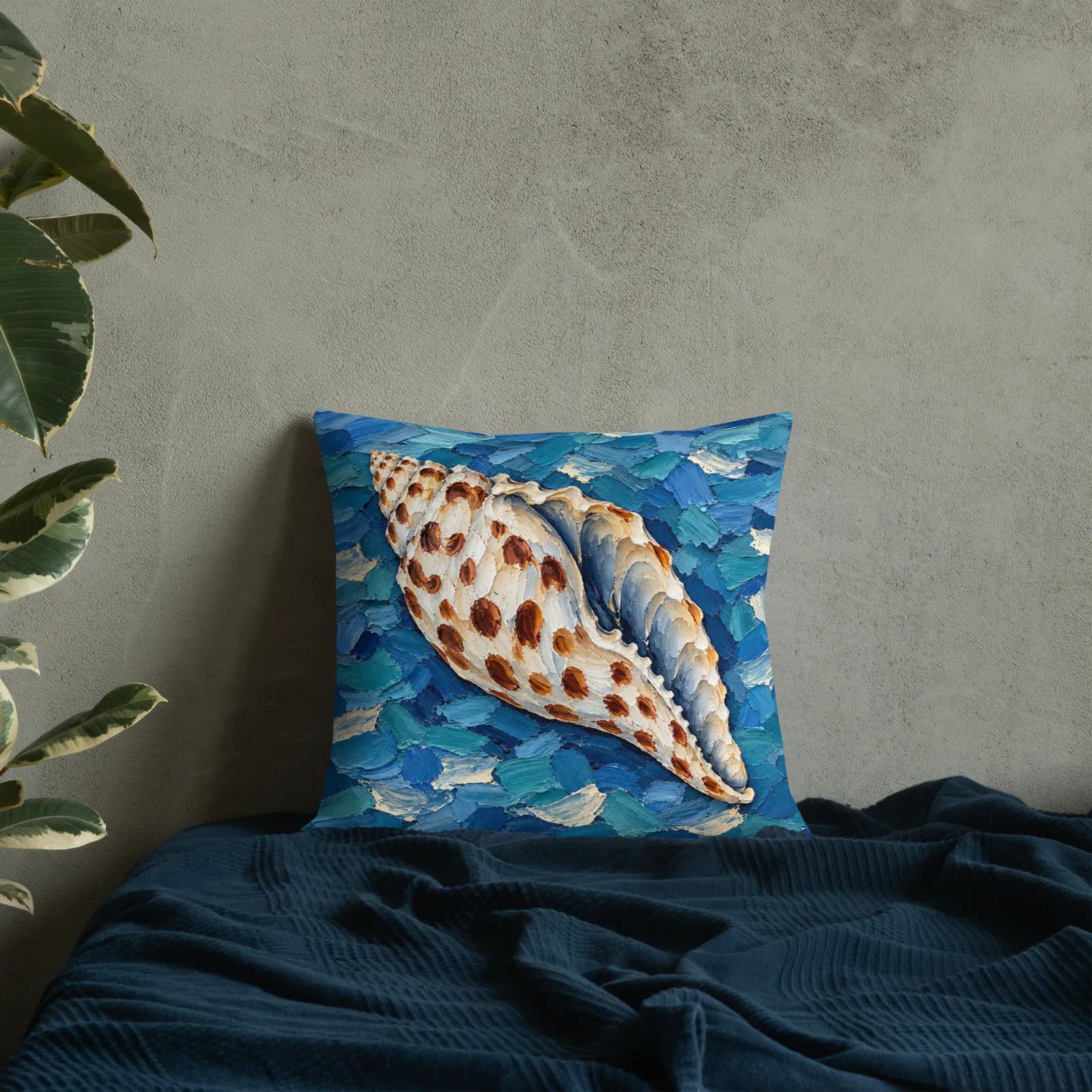 Junonia Seashell Throw Pillow: Spotted Shell Impasto Blue Coastal Decor Cushion, indoors lifestyle front 8 view